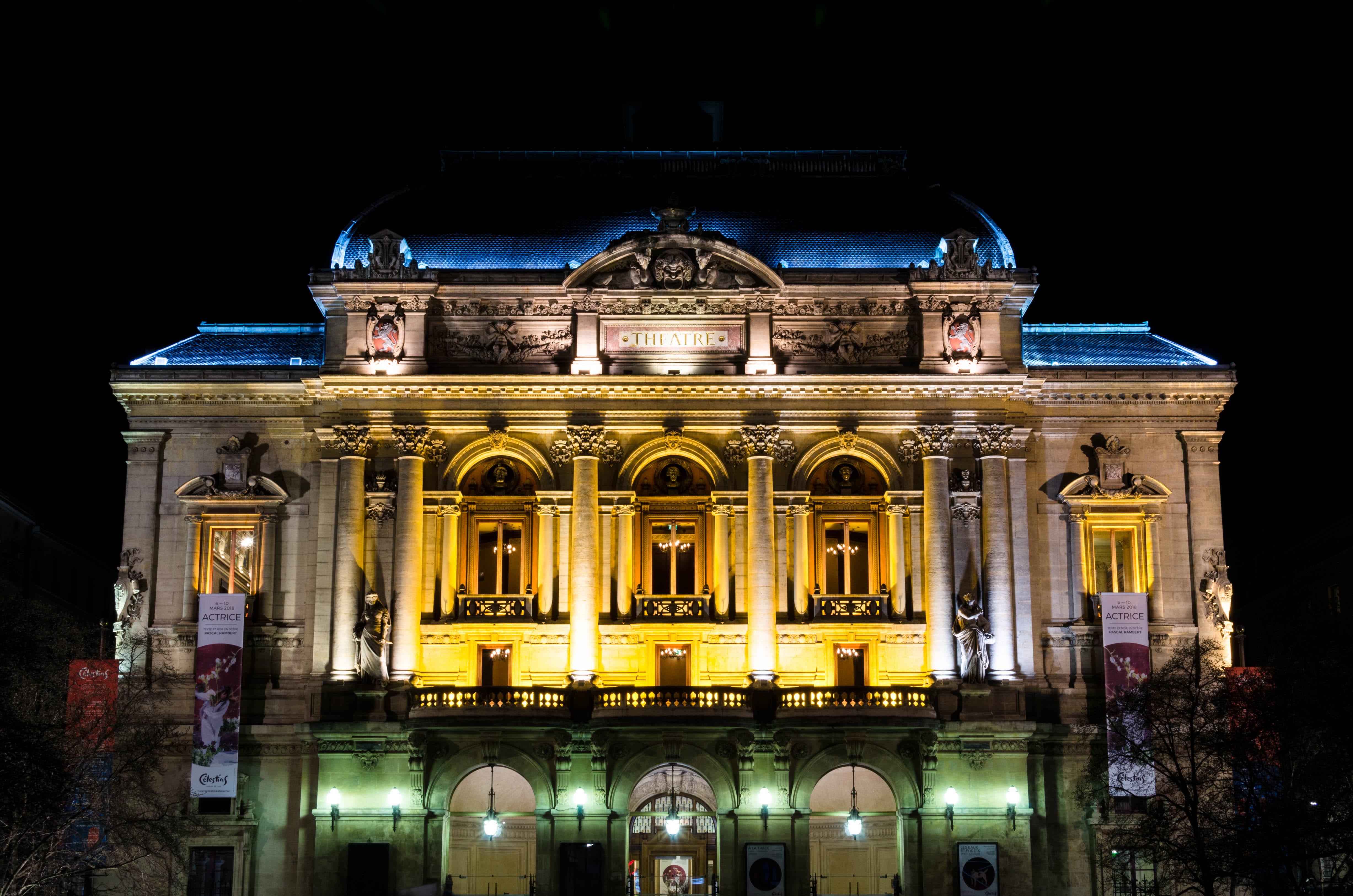 tourism, lyon, france, facade, opera, city, the past, illuminated, nature, ornate, architectural column, architecture, government, celestin, night, lights, HD Wallpaper