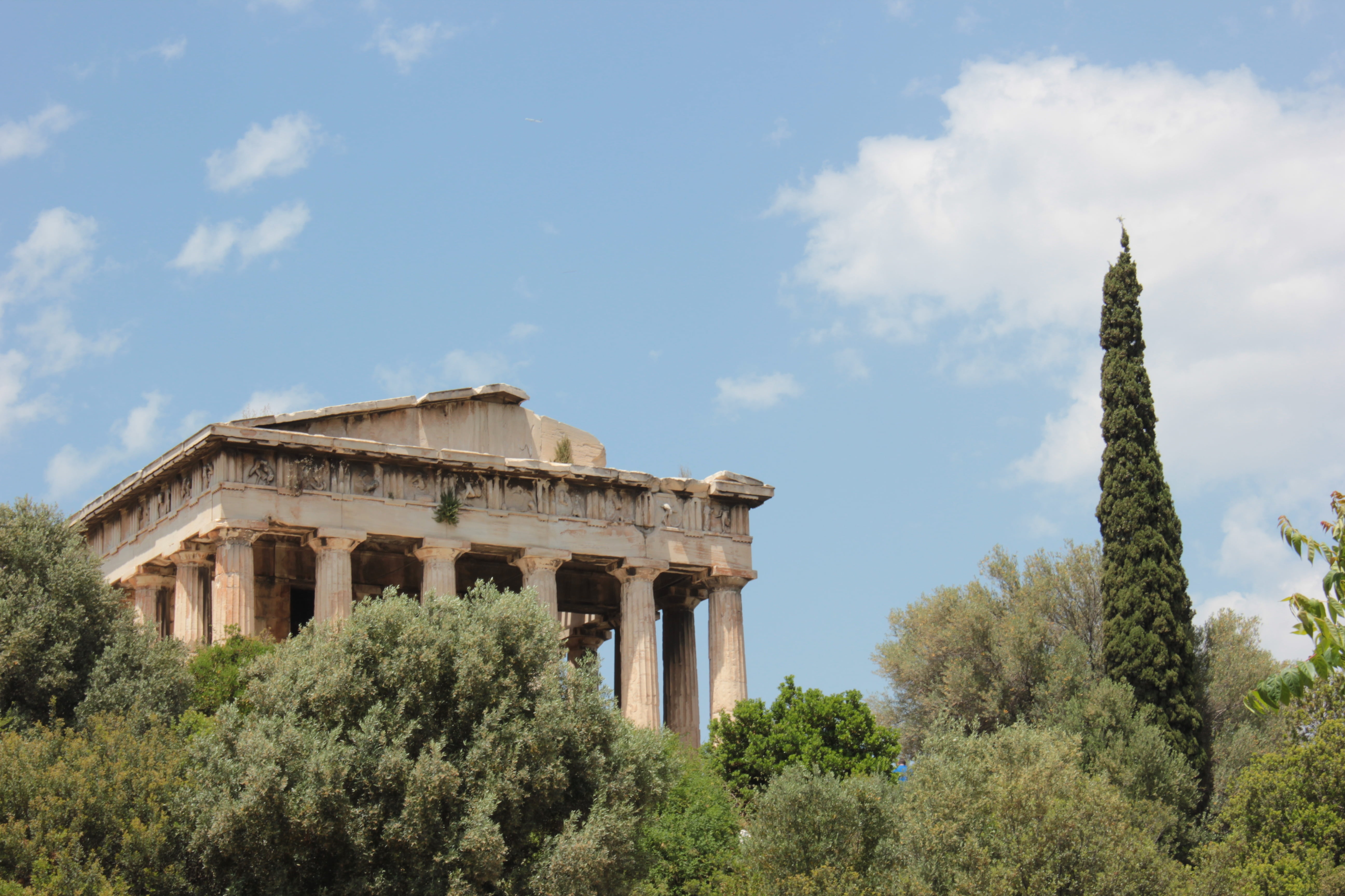 5K, building exterior, travel, ancient, architectural column, sky, history, low angle view, old, growth, day, green color, cloud - sky, temple, plant, HD Wallpaper