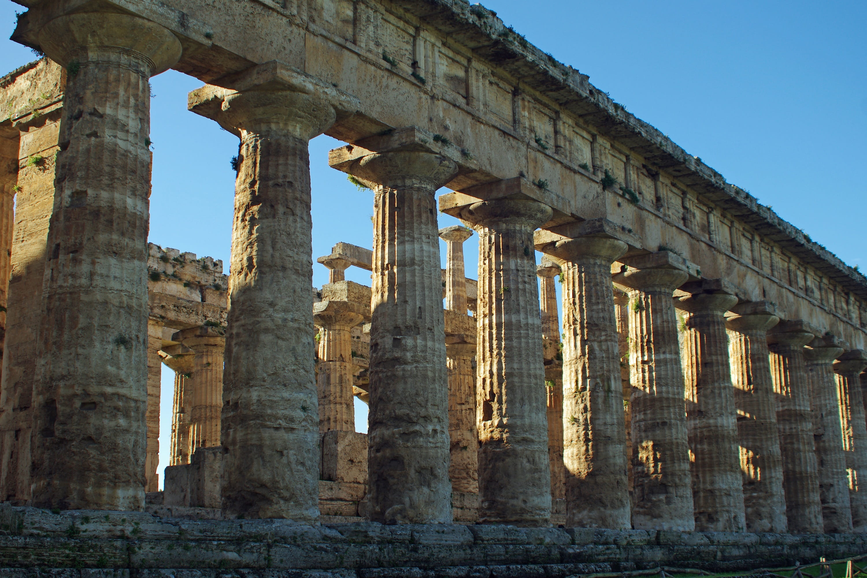 Italy, city, no people, colonnade, sky, ancient civilization, old ruin, nature, greek temple, the past, built structure, Paestum, magna grecia, ruined, HD Wallpaper