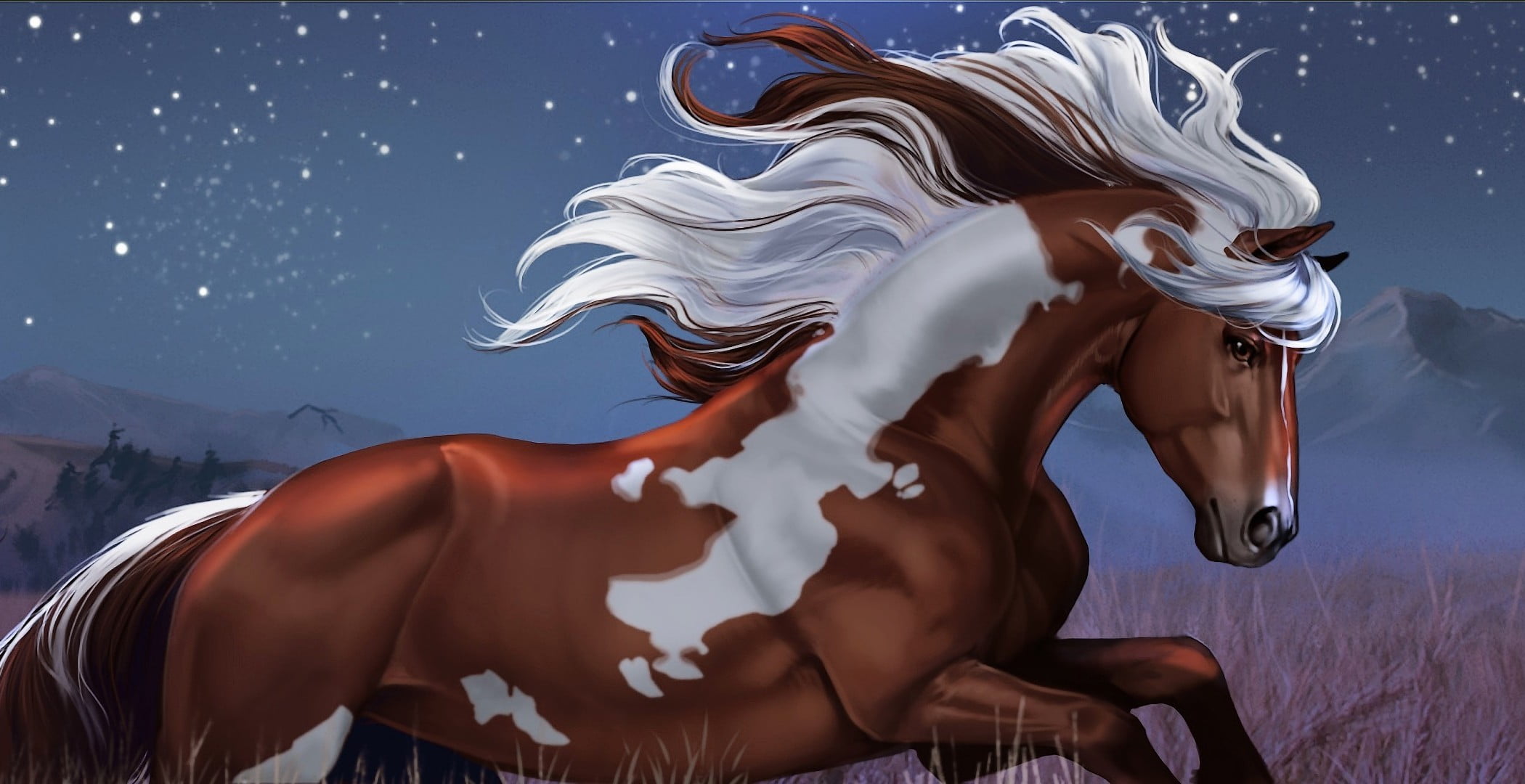 digital composite, close-up, hills, aomori, art, mountain, blue, motion, stars, horse, illustration, white, running, cloud - sky, no people, studio shot, HD Wallpaper