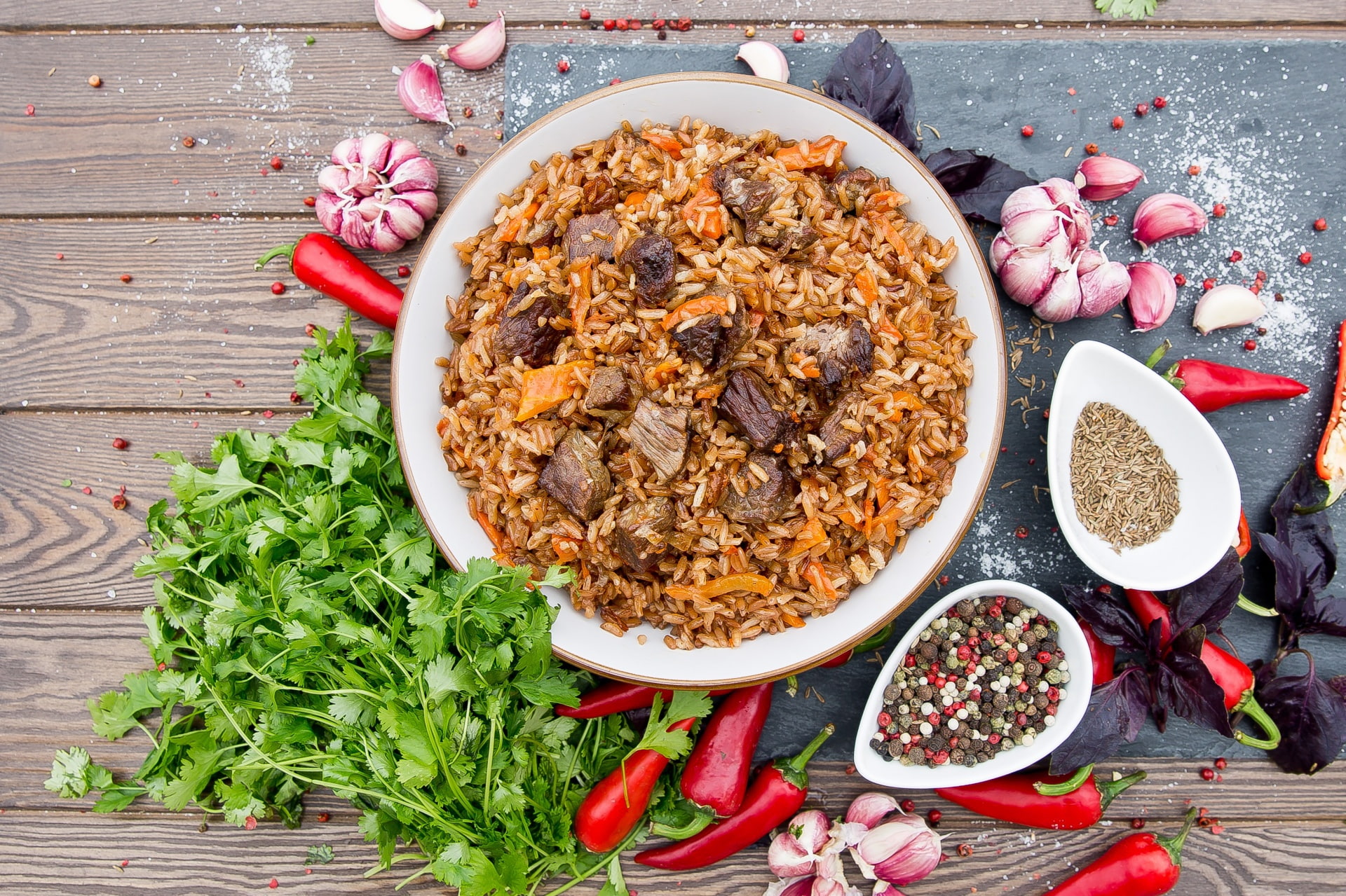 pepper, garlic, meat, 1080P, parsley, pilaf, Basil, HD Wallpaper