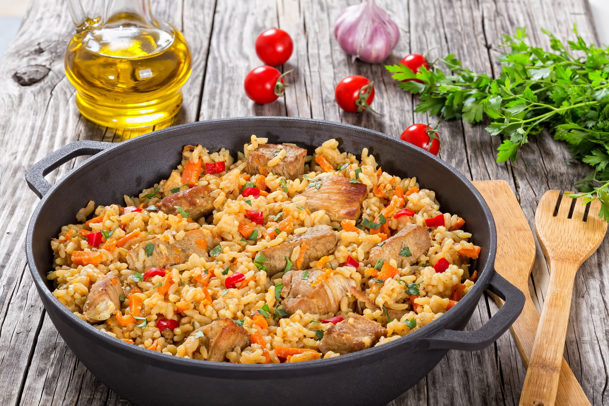 meat, 1080P, tomatoes, pilaf, oil, greens, HD Wallpaper