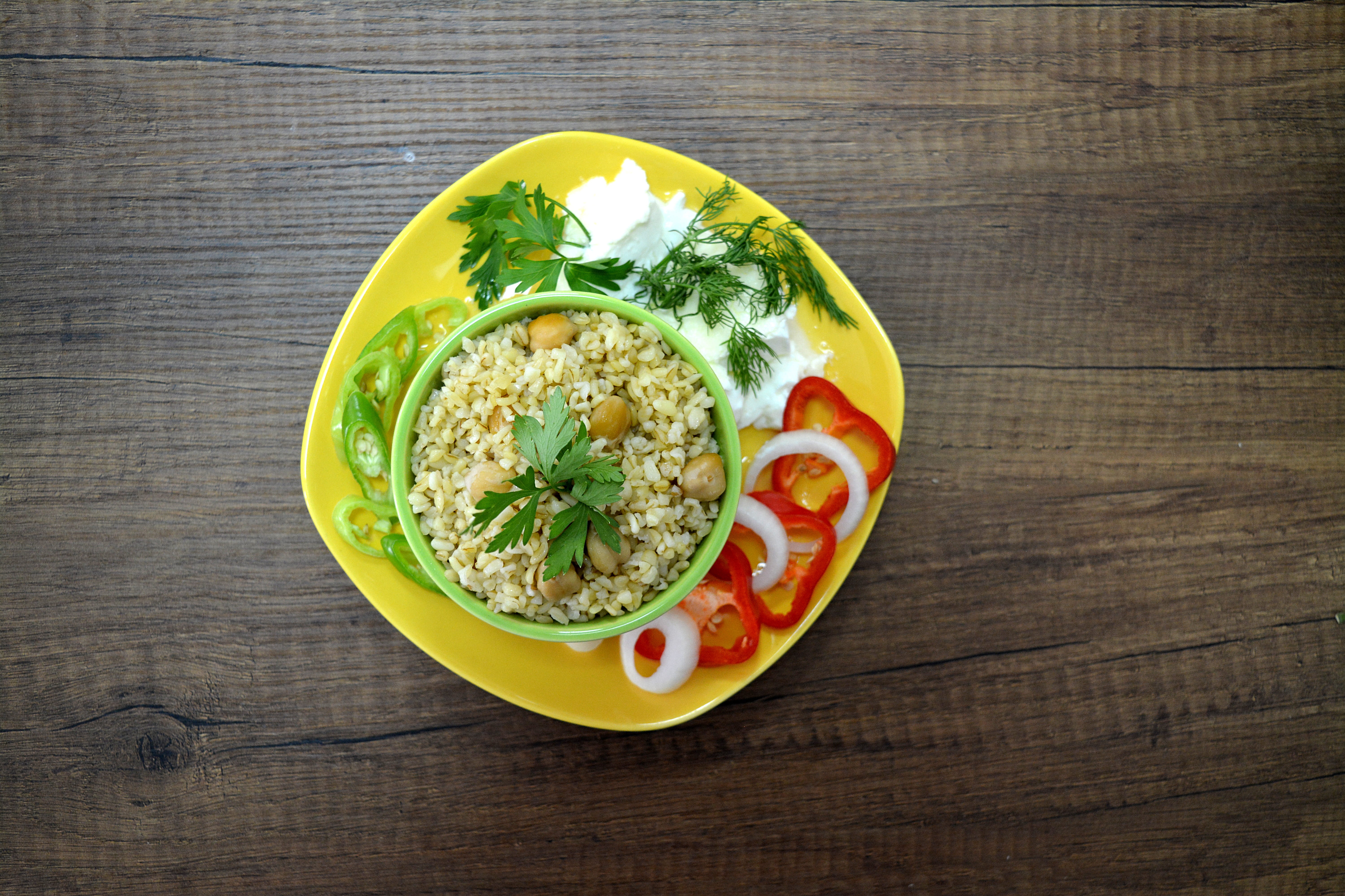 directly above, wood - material, healthy eating, still life, wellbeing, vegetarian food, meal, bulgur pilaf, 5K, rice, breakfast, snack, indoors, egg, HD Wallpaper