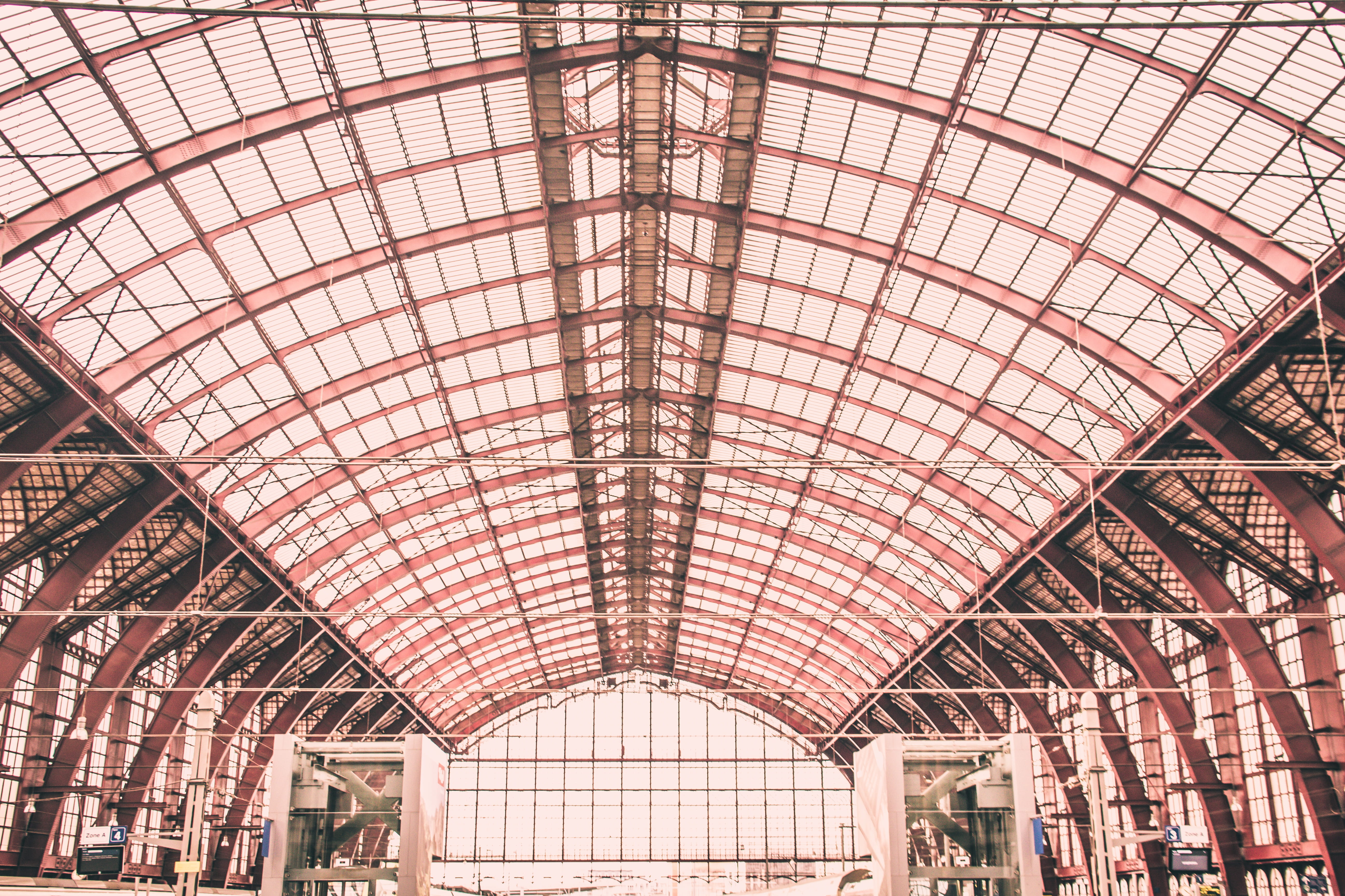 empty, sunlight, ceiling, design, travel, train, building, structure, 5K, travel destinations, railroad station, antwerpen-centraal, arch, antwerp, belgium, HD Wallpaper
