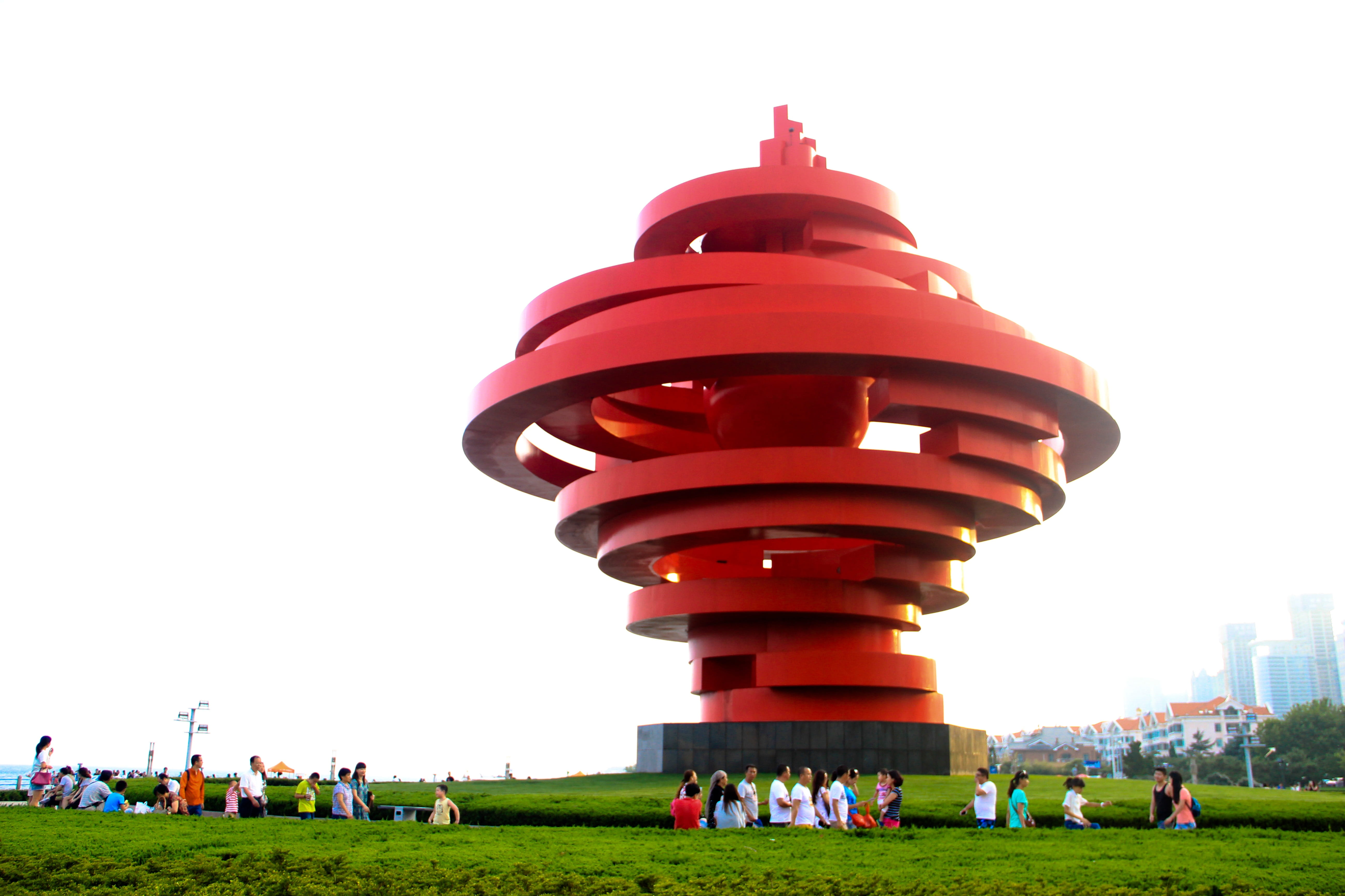 crowd, people, sky, group of people, standing, 5K, spiral, real people, Red, Qingdao, clear sky, Square, leisure activity, red, architecture, nature, Color, HD Wallpaper