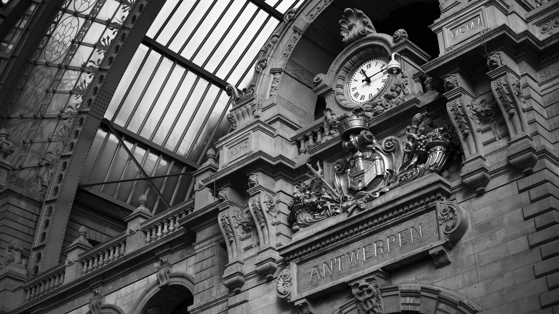 building, architecture, railway station, landmark, station, 1080P, clock, europe, monochrome, belgium, photography, black and white, monochrome photography, HD Wallpaper