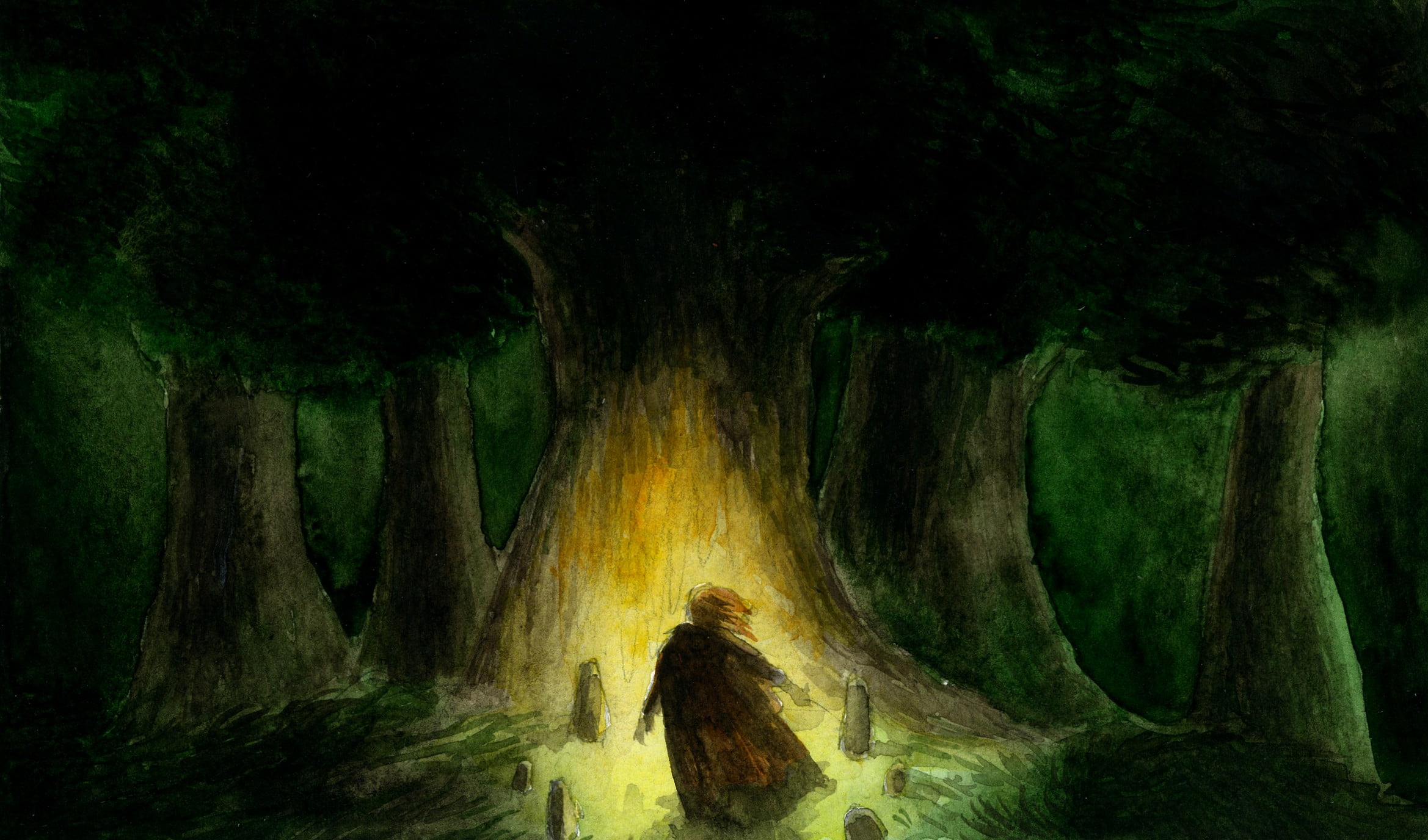 one person, rock, land, green color, watercolor, traditional art, beauty in nature, scenics - nature, 1080P, black, cave, The Lord of the Rings, rock - object, HD Wallpaper