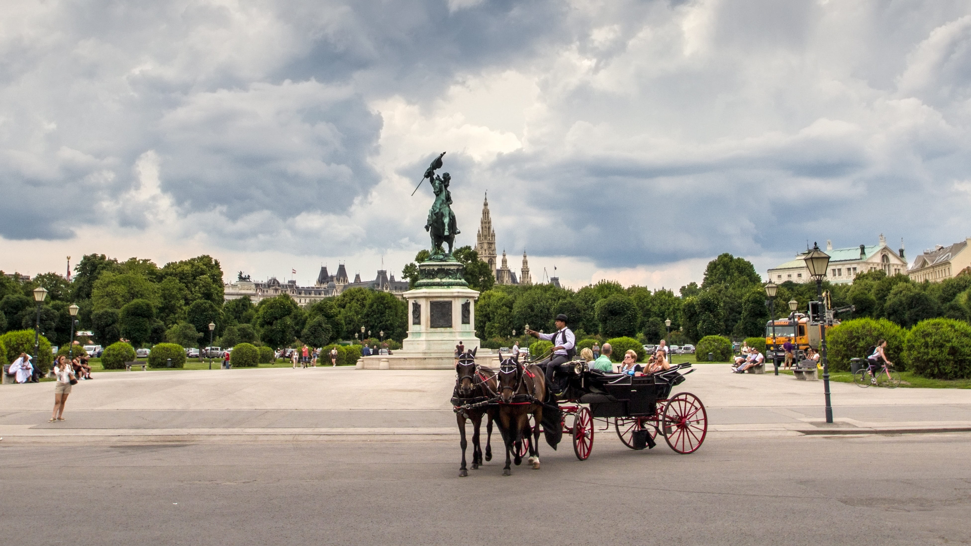 Fiaker, transportation, horse cart, coach, horsedrawn, domestic animals, travel destinations, Vienna, mammal, Panorama, cloud - sky, outdoors, street, livestock, HD Wallpaper
