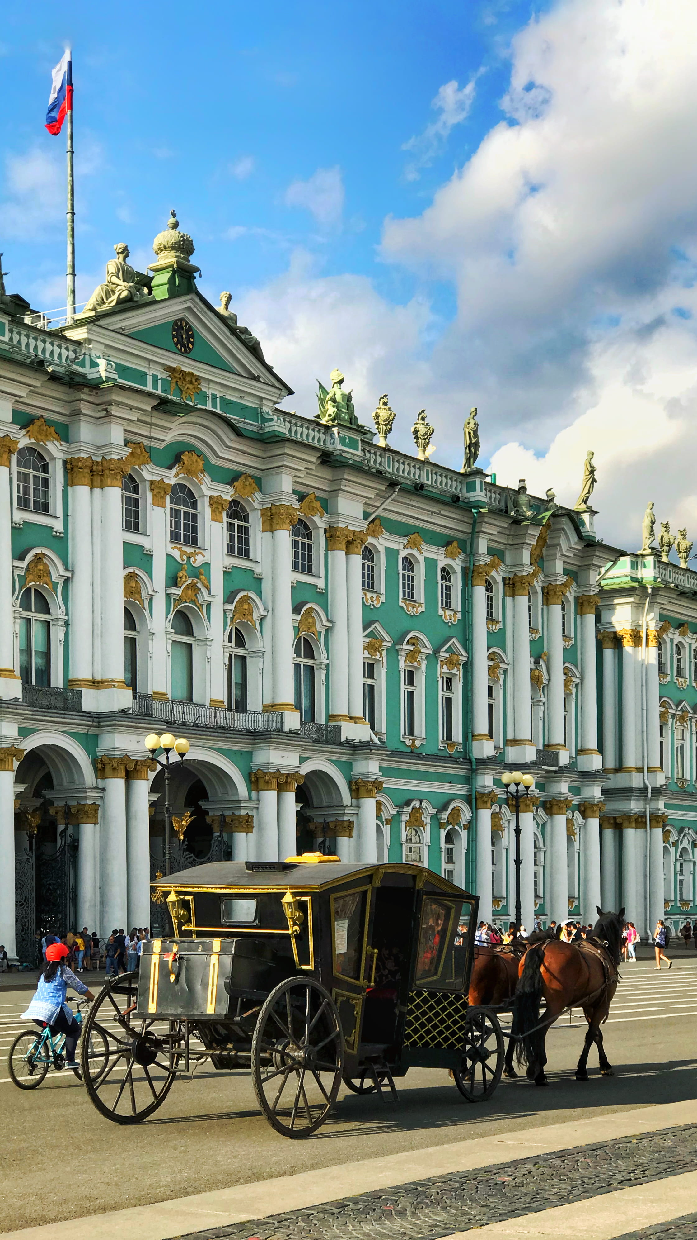 carriage, human, horse, land vehicle, horse cart, domestic, mansion, beside, outdoors, bike, city, housing, running, palace, palace square, working animal, Phone HD Wallpaper