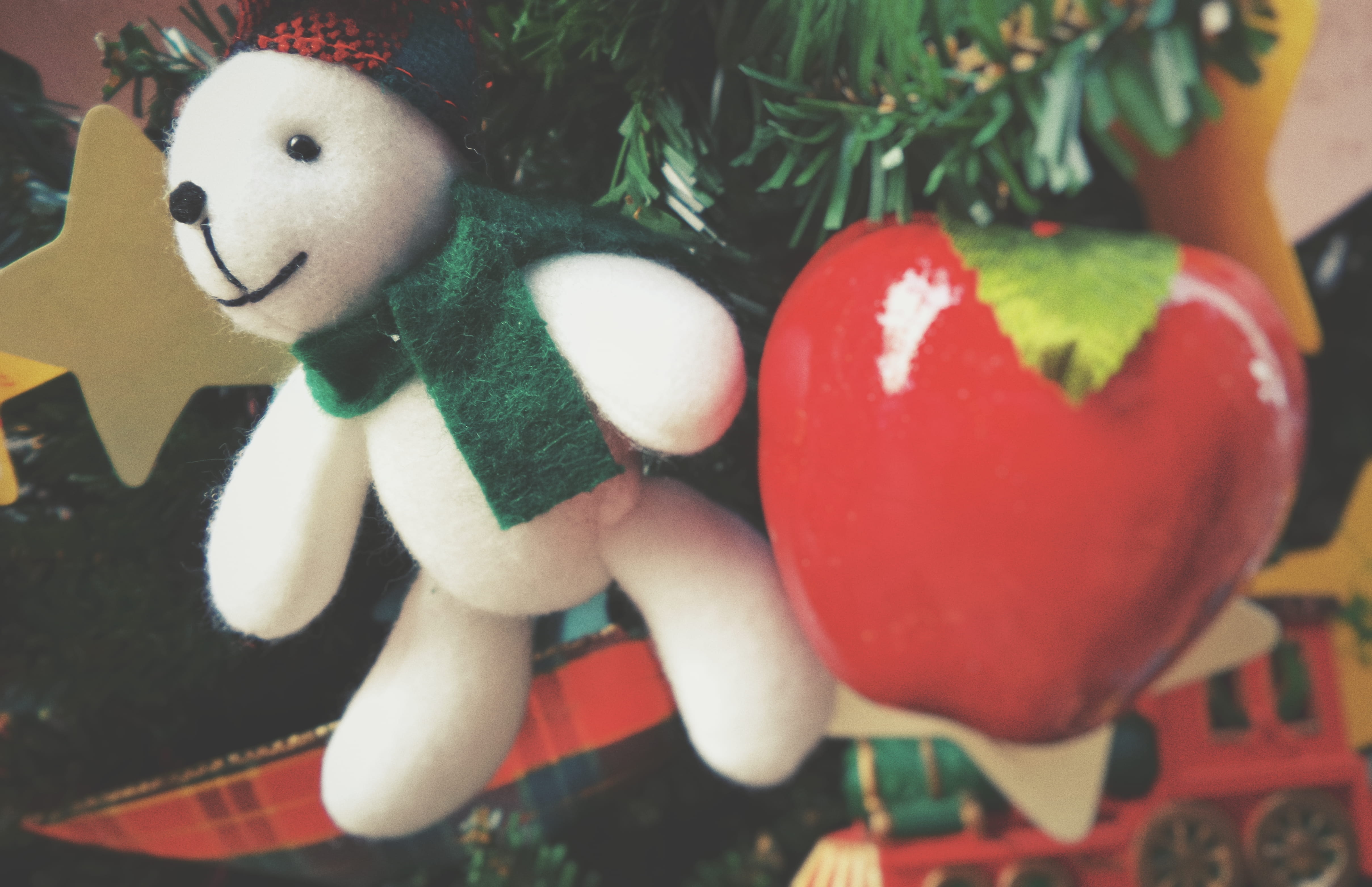 ornament, cute, red, no people, indoors, memories, teddy bear, toy, 4K, apple, christmas ornament, bear, holiday, art and craft, human representation, HD Wallpaper