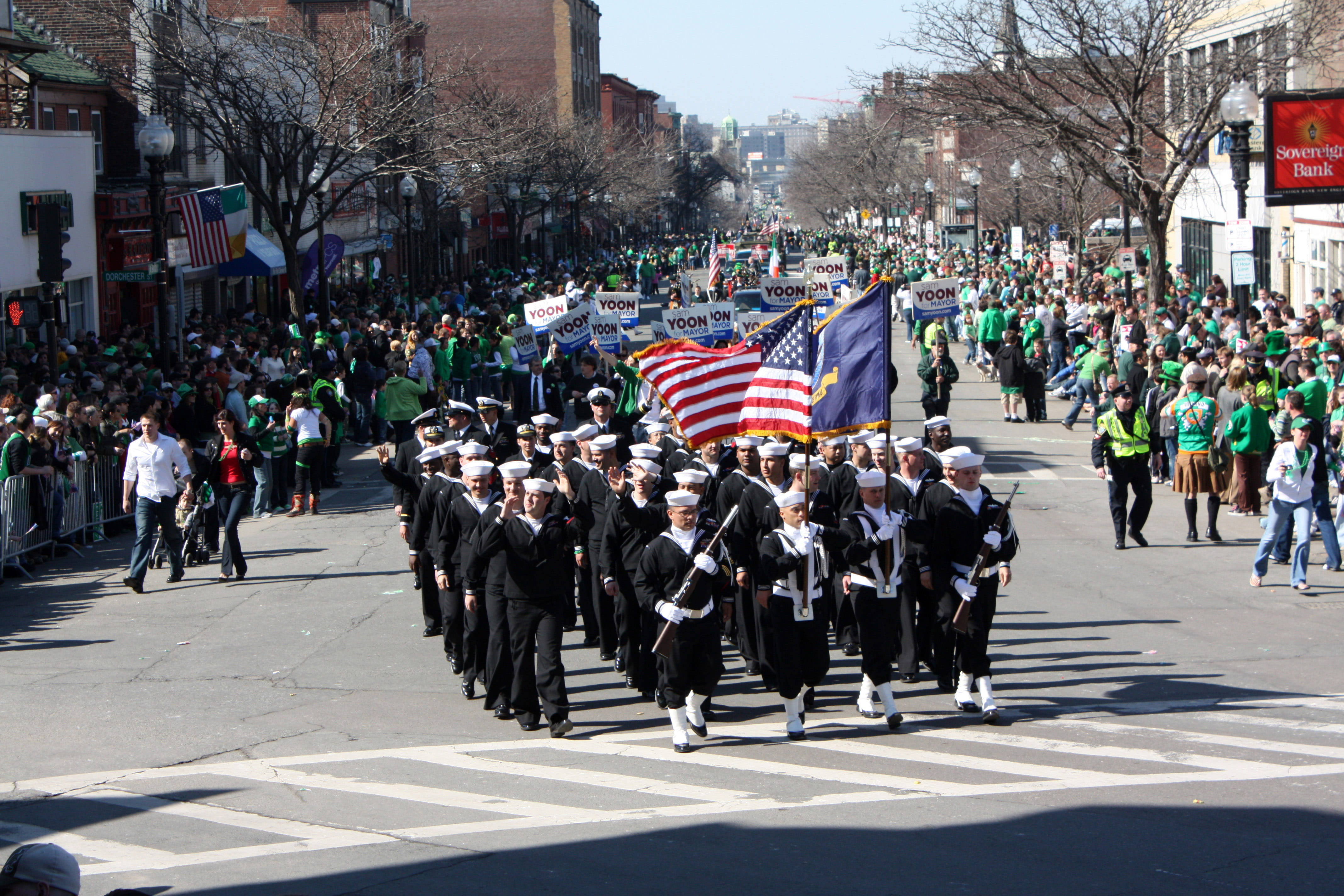 large group of people, symbol, flag, military uniform, st, group of people, s, Navy, patrick, port visit, Boston Massachusetts, architecture, urban Scene, HD Wallpaper