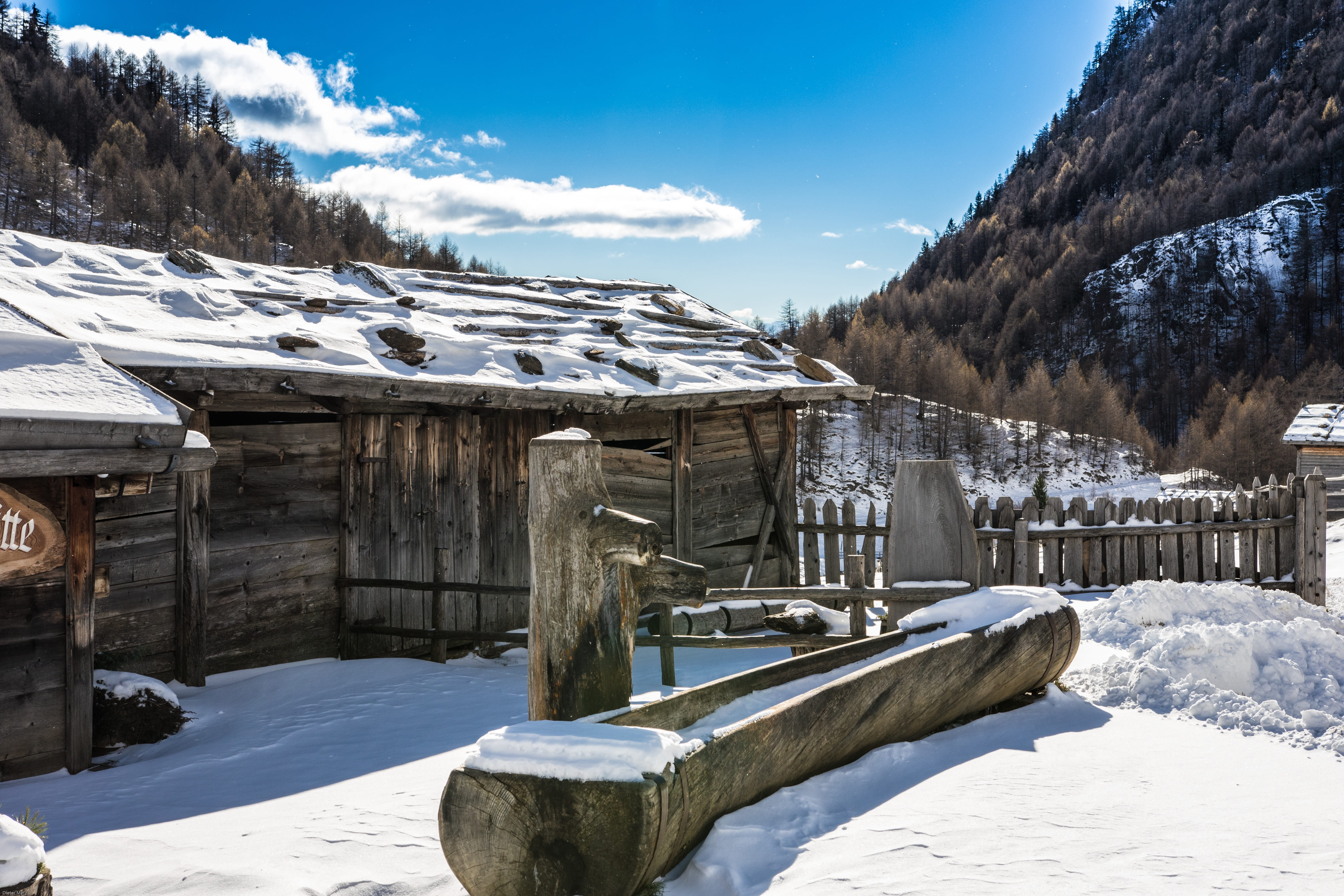 cold temperature, beauty in nature, alm, almen village, log cabin, no people, architecture, hut, 5K, day, snow, landscape, house, white color, near, sky, HD Wallpaper