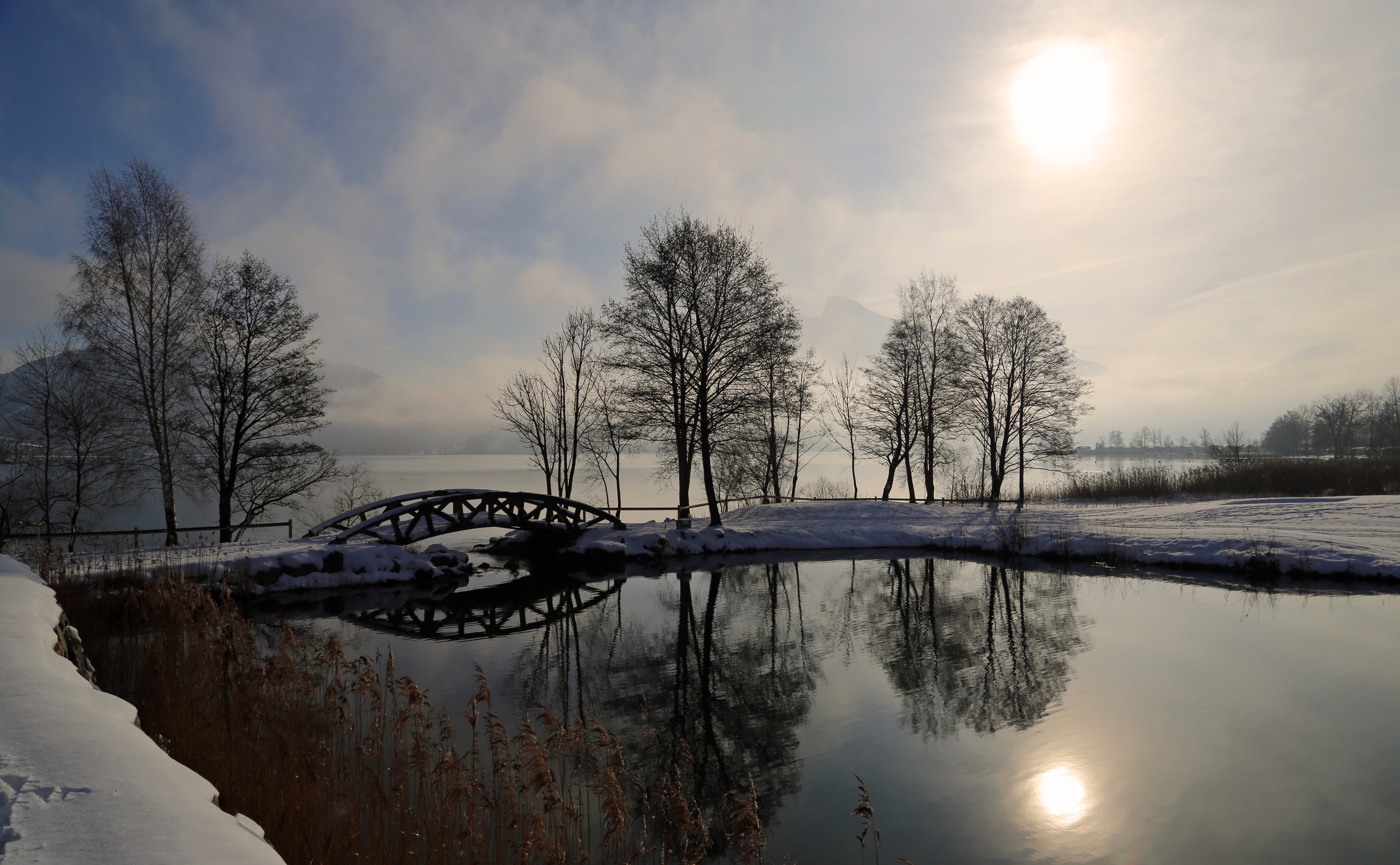 landscape, waterfront, hoarfrost, tranquility, tree trunks, peaceful, scenics - nature, abendstimmung, 5K, sparkle, evening sky, sunset, still, no people, HD Wallpaper
