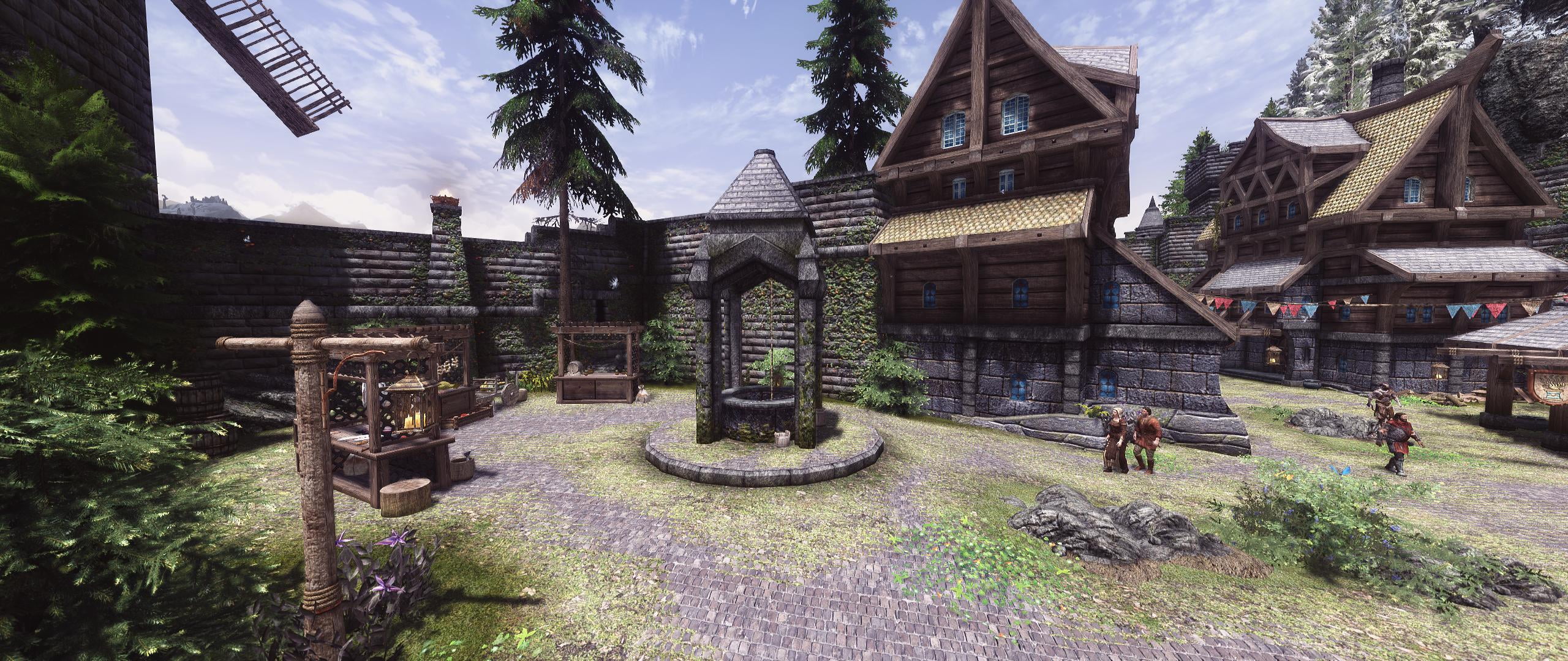 outdoors, the past, building, sky, grass, built structure, plant, ultra-wide, nature, history, place of worship, tree, no people, 2K, day, The Elder Scrolls V: Skyrim, HD Wallpaper