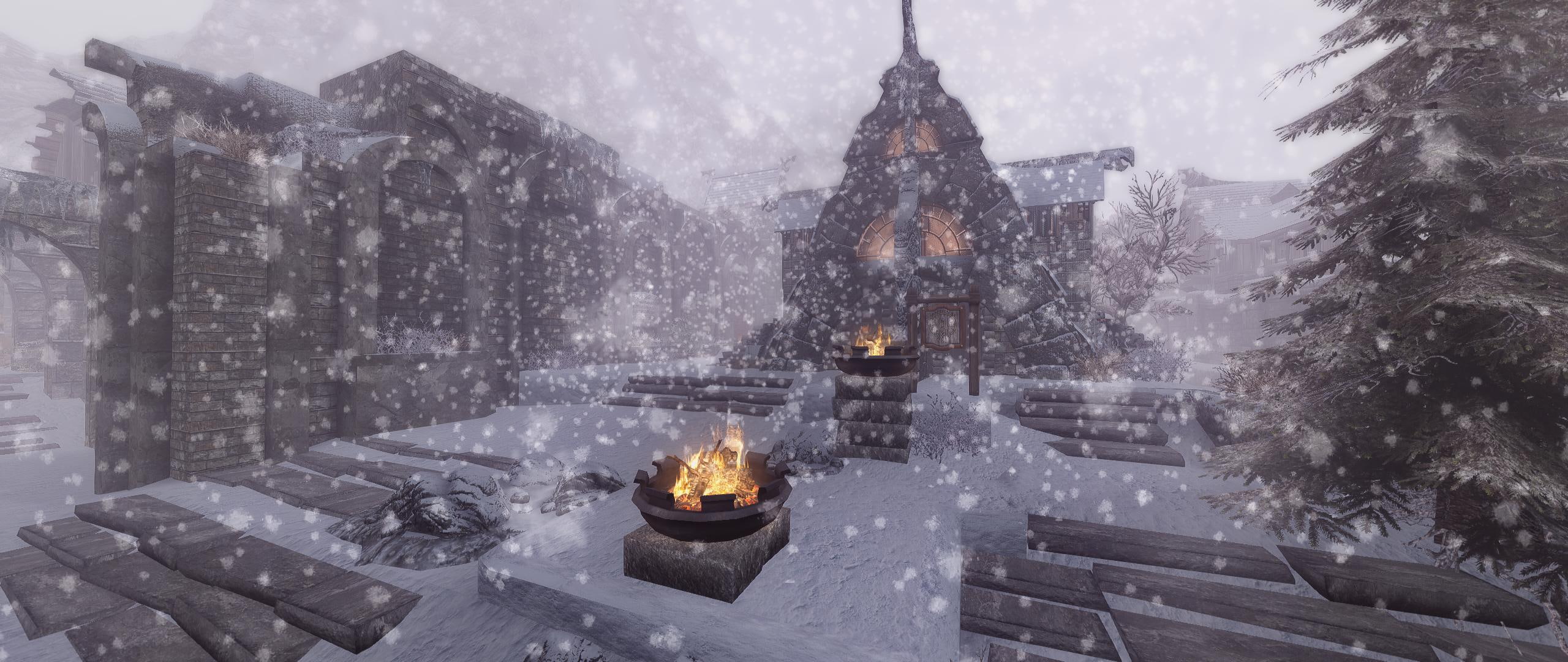 building exterior, snow, no people, storm, snowing, travel destinations, ultra-wide, The Elder Scrolls V: Skyrim, dusk, spirituality, blizzard, belief, HD Wallpaper