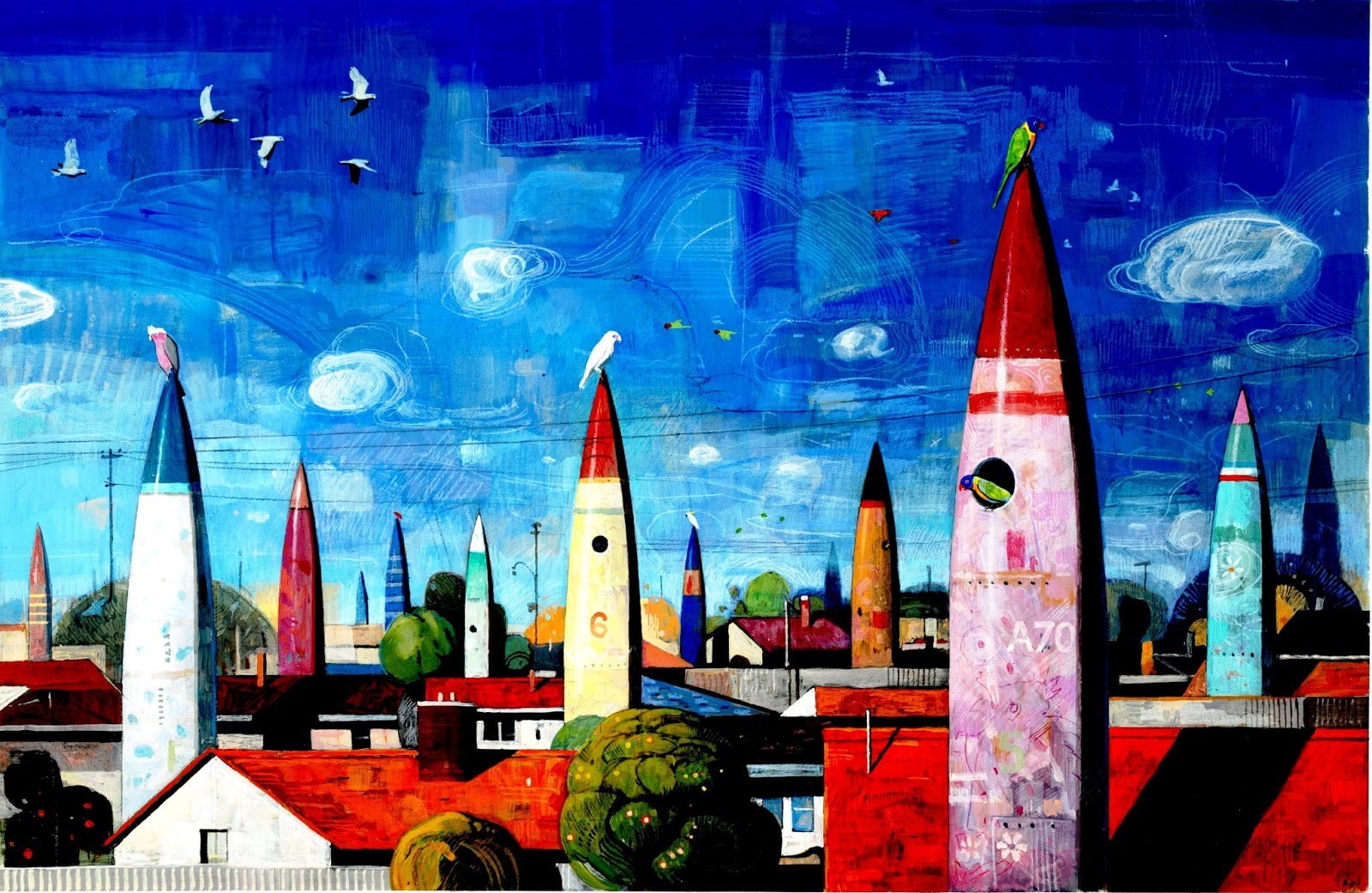 clouds, 720P, town, digital art, architecture, building, painting, fantasy art, trees, house, birds, artwork, rocket, rooftops, missiles, colorful, HD Wallpaper