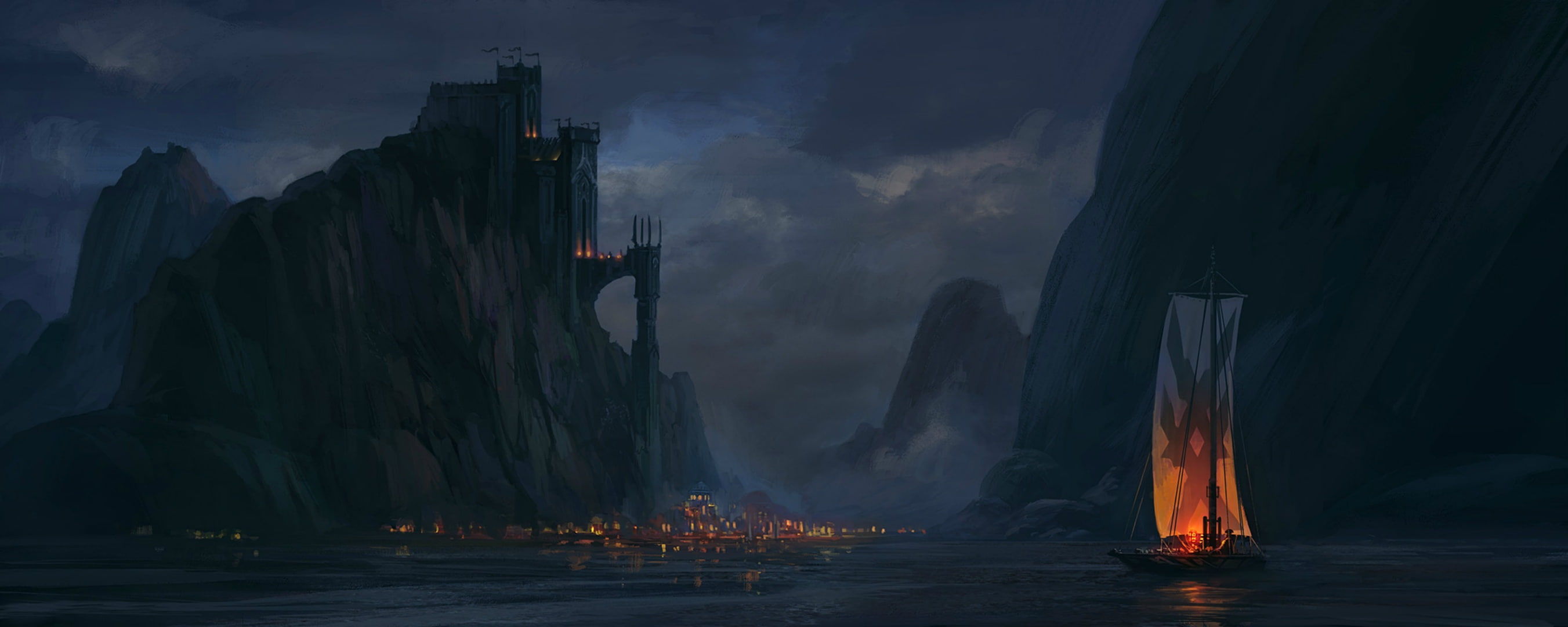 fantasy, light, Art, Painting, town, ancient, see, boat, 2K, structure, sea, fire, world, fantastic, castle, night, contrast, ocean, HD Wallpaper