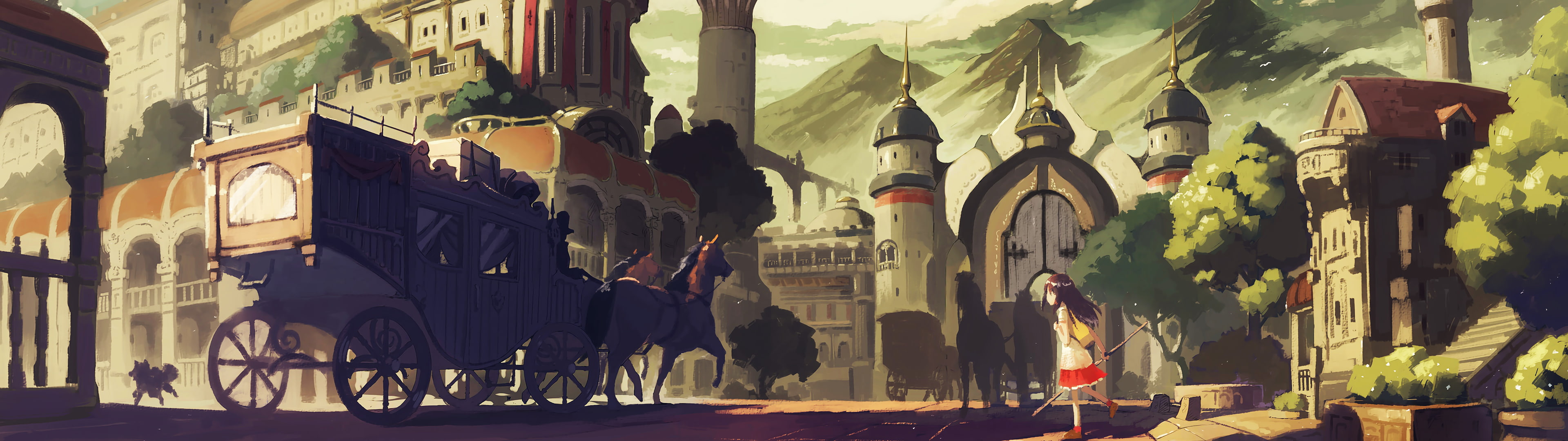 anime girls, gates, horse, street, mountains, dog, 4K, town, fantasy art, HD Wallpaper