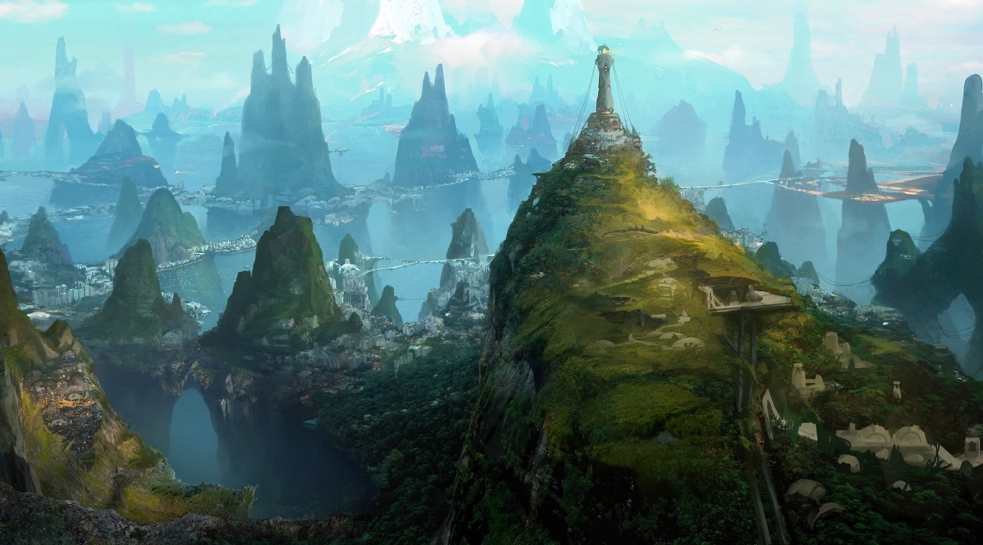 fantasy art, mountains, lighthouse, statue, building, trees, digital art, nature, bridge, town, fantasy city, 1080P, landscape, HD Wallpaper