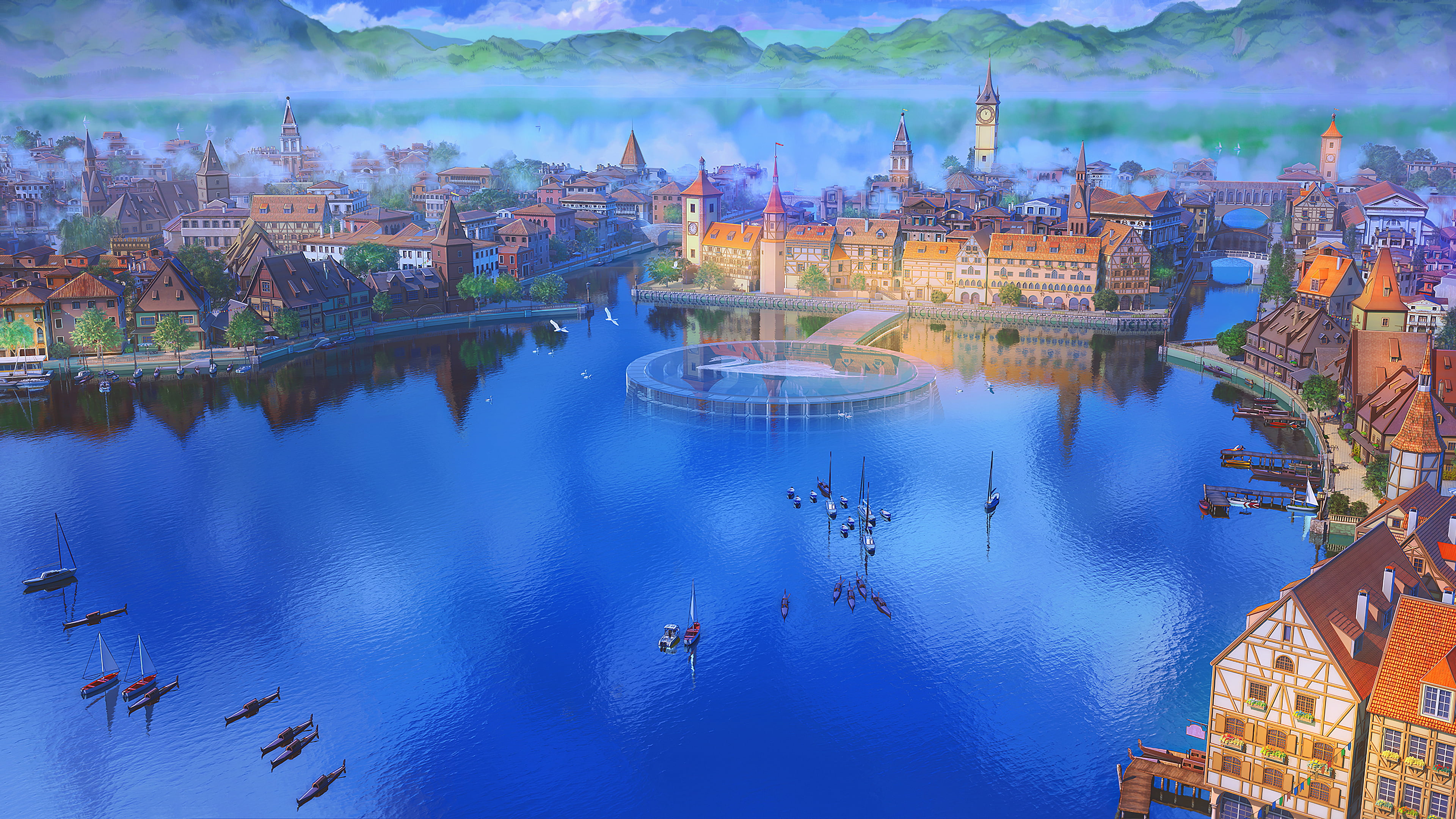 town, daylight, 4K, lake, water, harbor, boat, fantasy art, city, digital art, artwork, HD Wallpaper