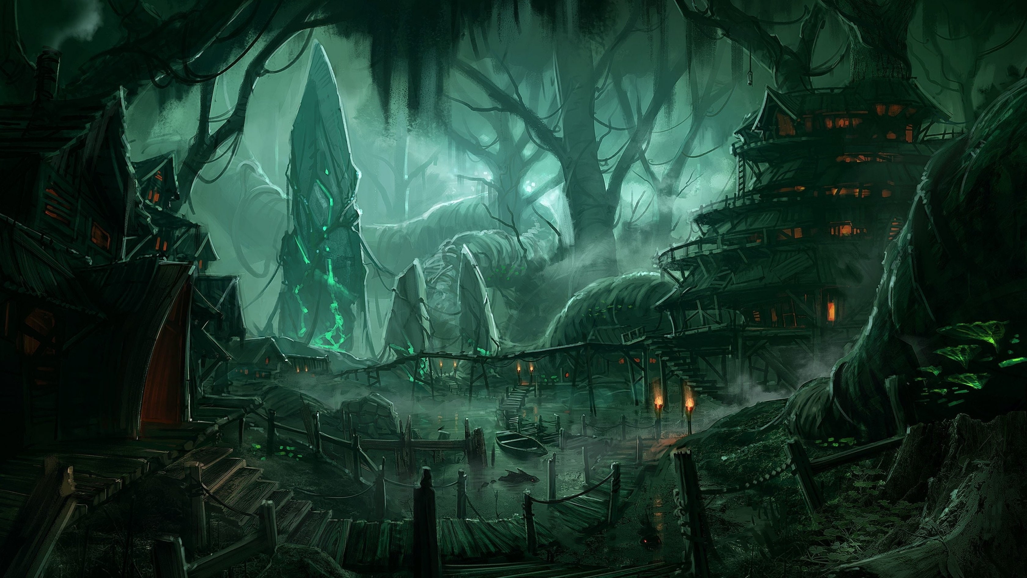 city, fantasy, nature, village, cities, landscape, artwork, Magical, 2K, art, forest, town, tree, HD Wallpaper