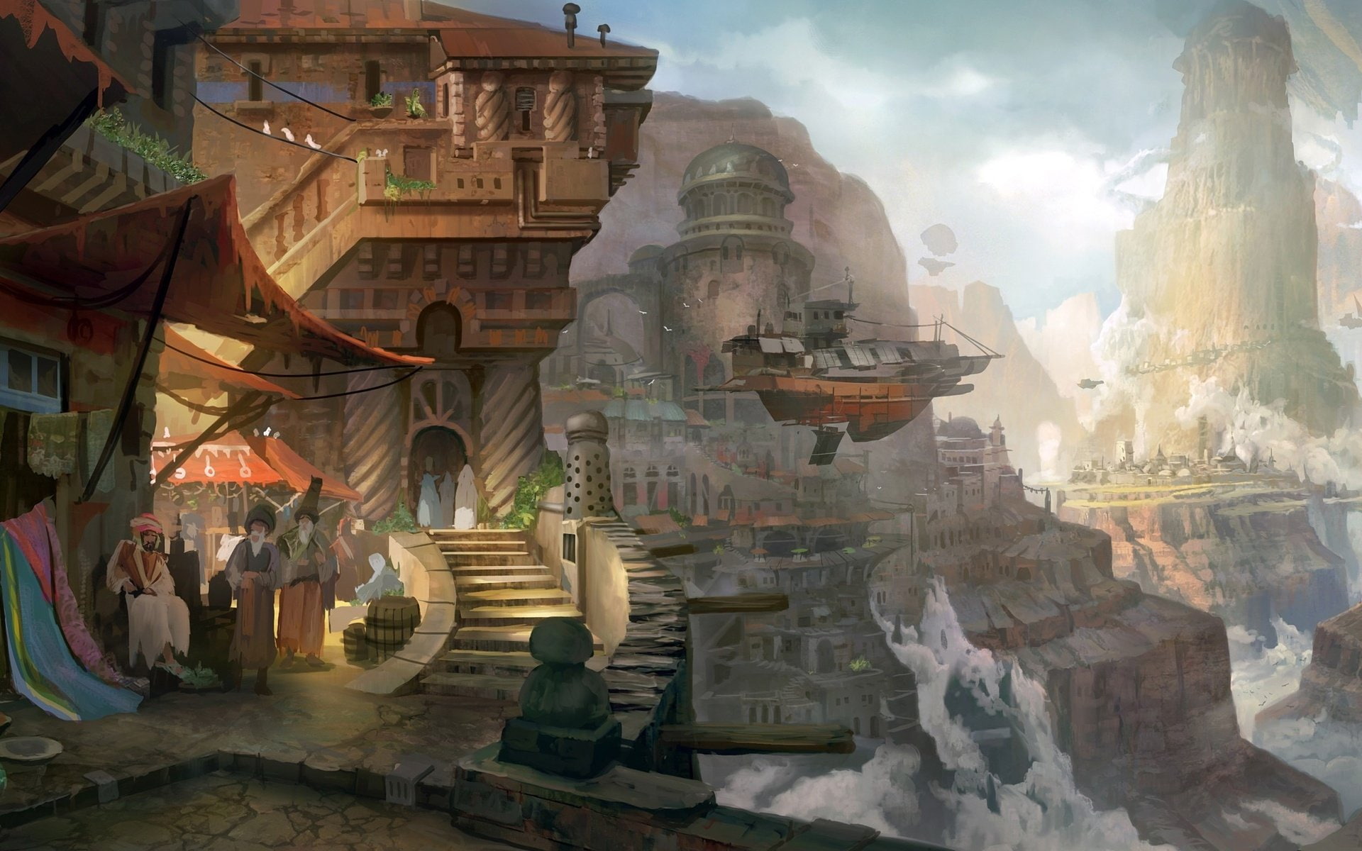 People, mountains, art, Crafts, town, fantasy, 1080P, rocks, HD Wallpaper
