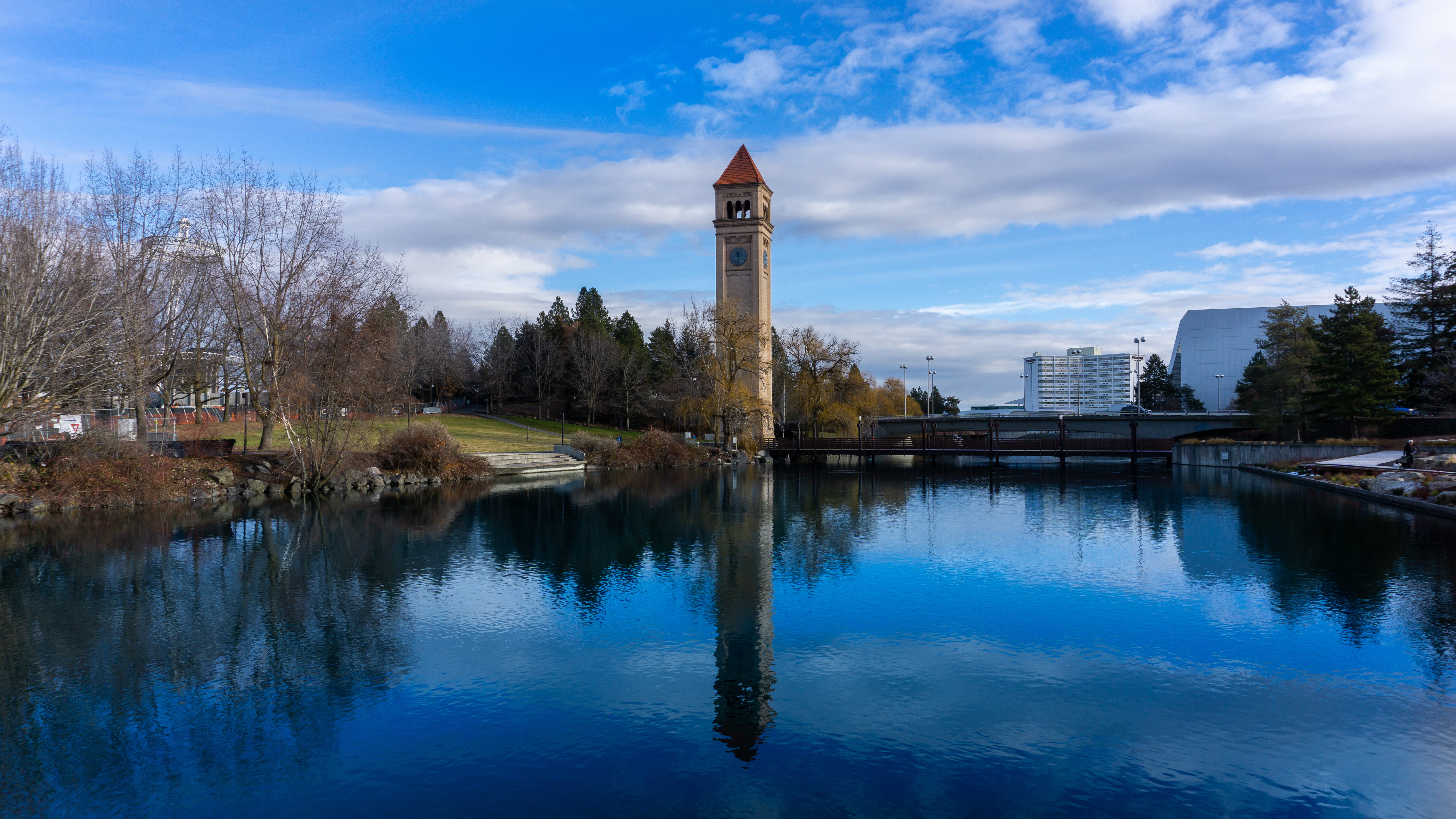 lake, 5K, tree, Monument, outdoors, reflection, day, Spokane, plant, tower, waterfront, city, cloud - sky, no people, River Square Park, built structure, HD Wallpaper
