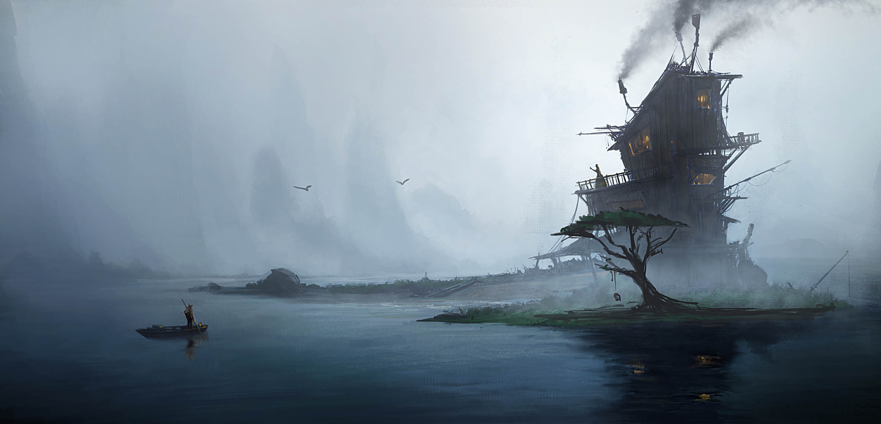 occupation, sky, nautical vessel, cloud - sky, boat, smog, people, environment, mode of transportation, wooden, black, body, tranquility, Emmanuel Shiu, HD Wallpaper