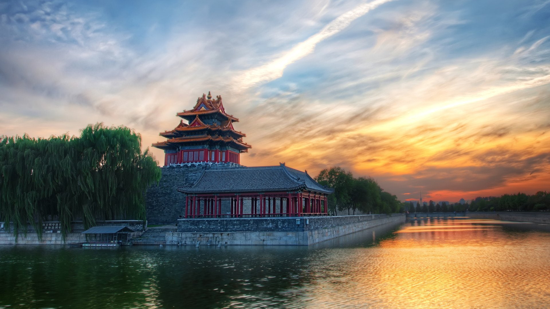 sunset, 1080P, sky, Forbidden City, house, Trees, China, water, reflection, Asian Architecture, HD Wallpaper