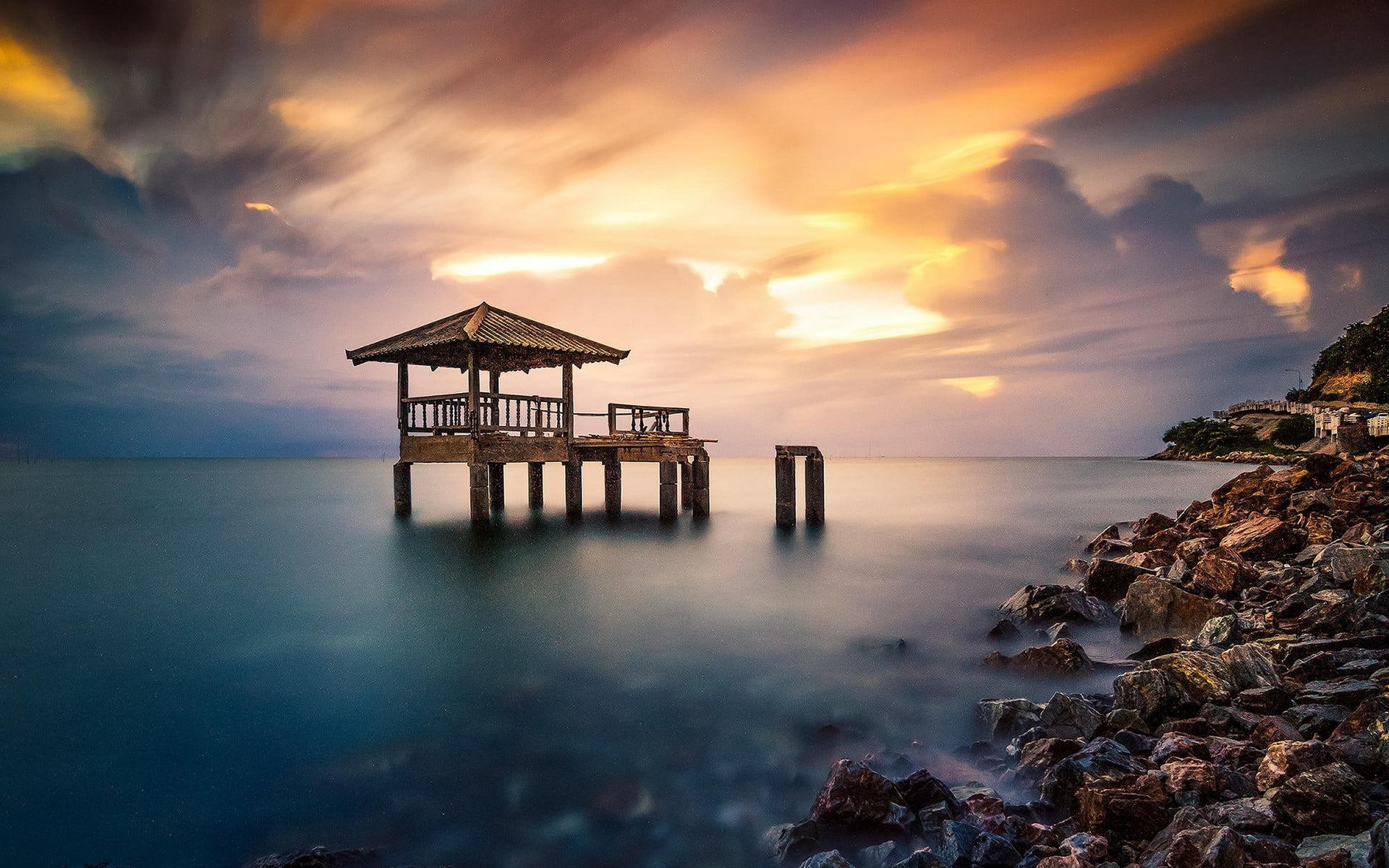 sunset, 1080P, sky, horizon over water, sea, dock, beauty in nature, nature, structure, outdoors, coast, wooden, rock, tranquility, pier, ruin, horizon, HD Wallpaper