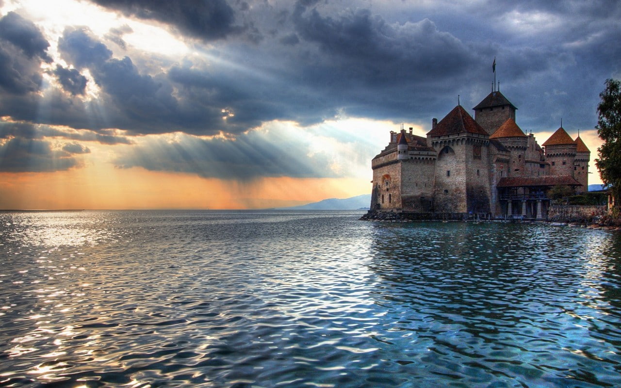 720P, nature, Switzerland, sunlight, castle, Chillon Castle, HD Wallpaper