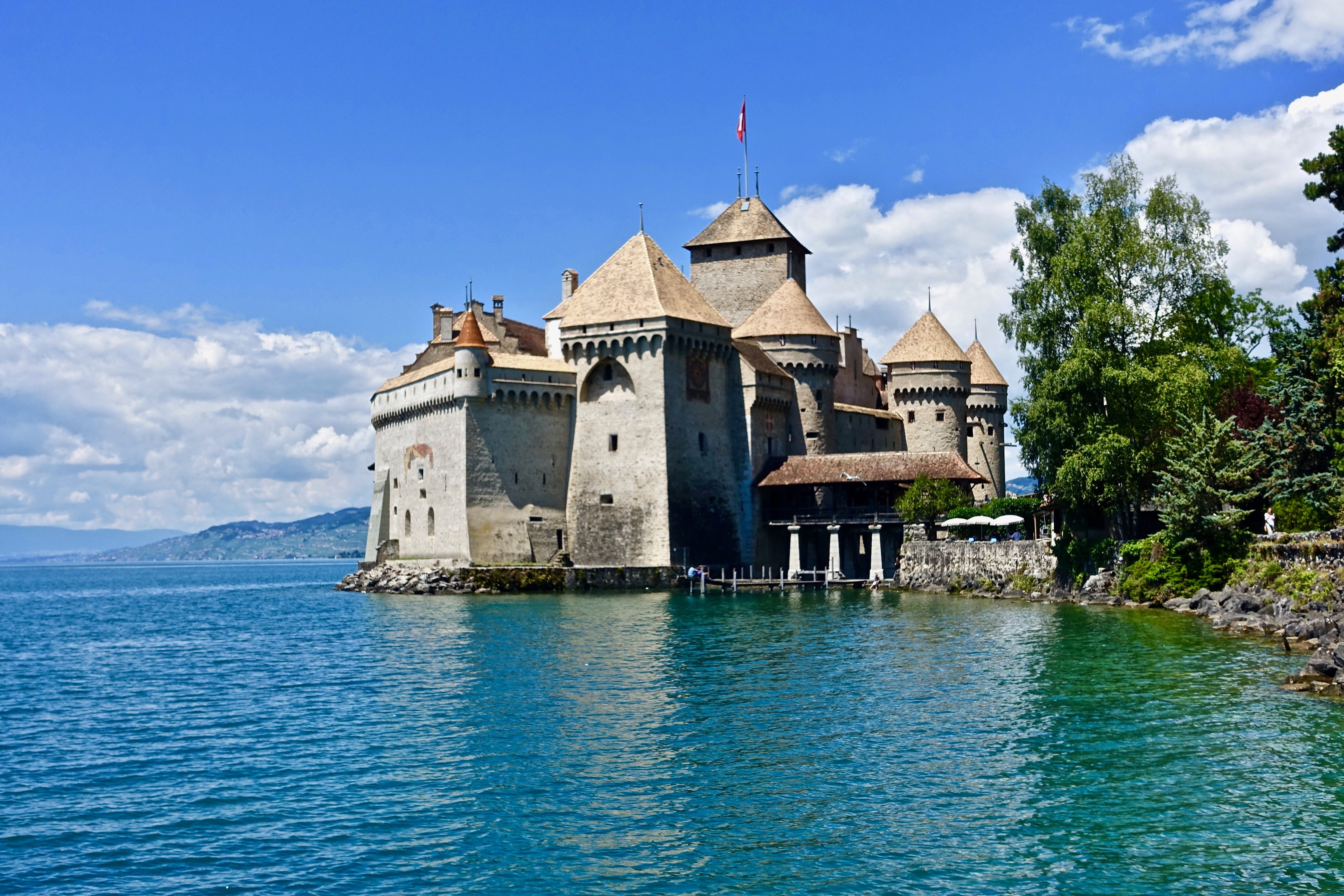 tree, no people, outdoors, cloud - sky, building, castle, switzerland, history, waterfront, the past, sky, scenic, travel destinations, river, water, built structure, HD Wallpaper
