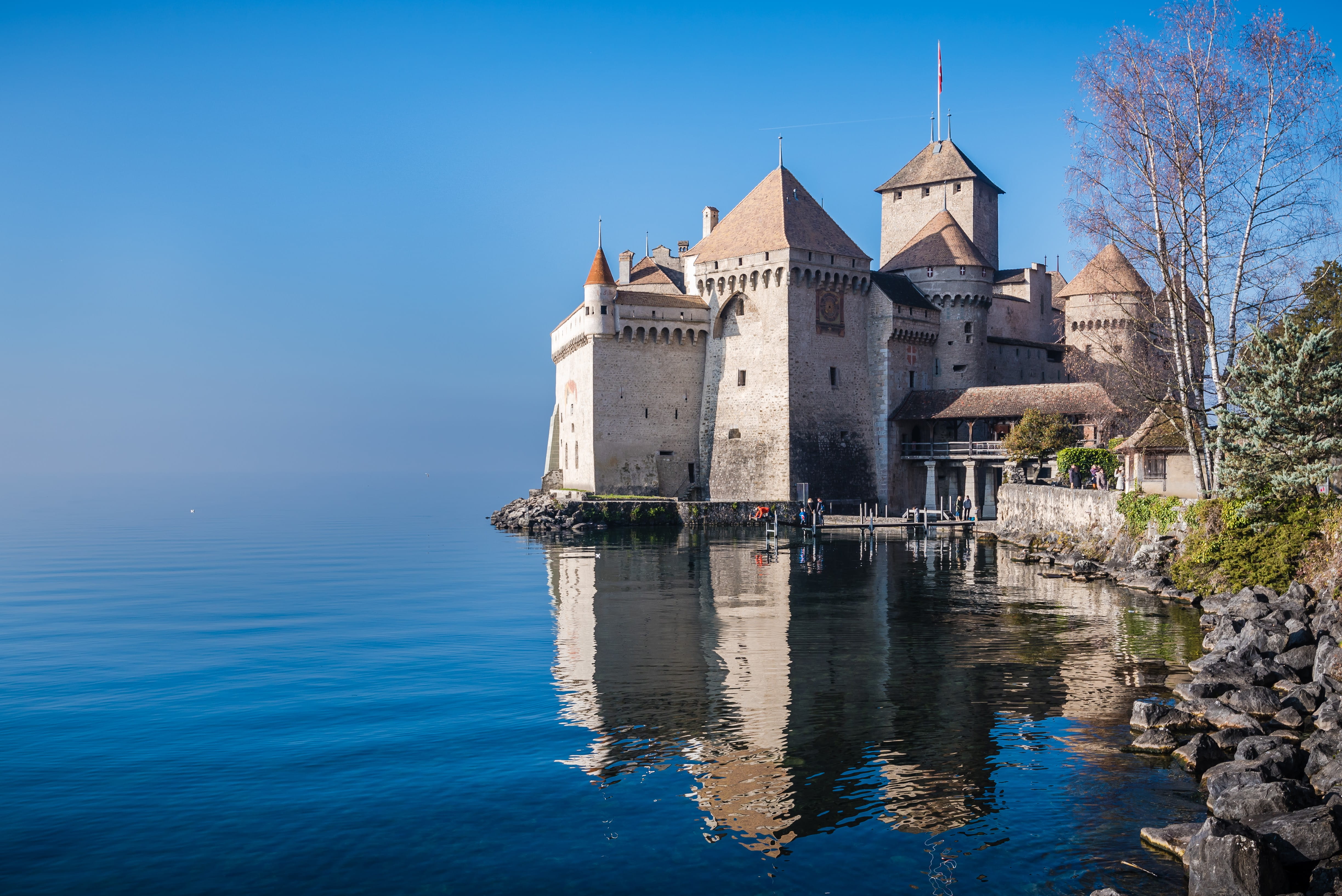 4K, the past, water, building, veytaux, river, sky, nature, outdoors, old, waterfront, history, day, chillon castle, reflection, switzerland, no people, HD Wallpaper