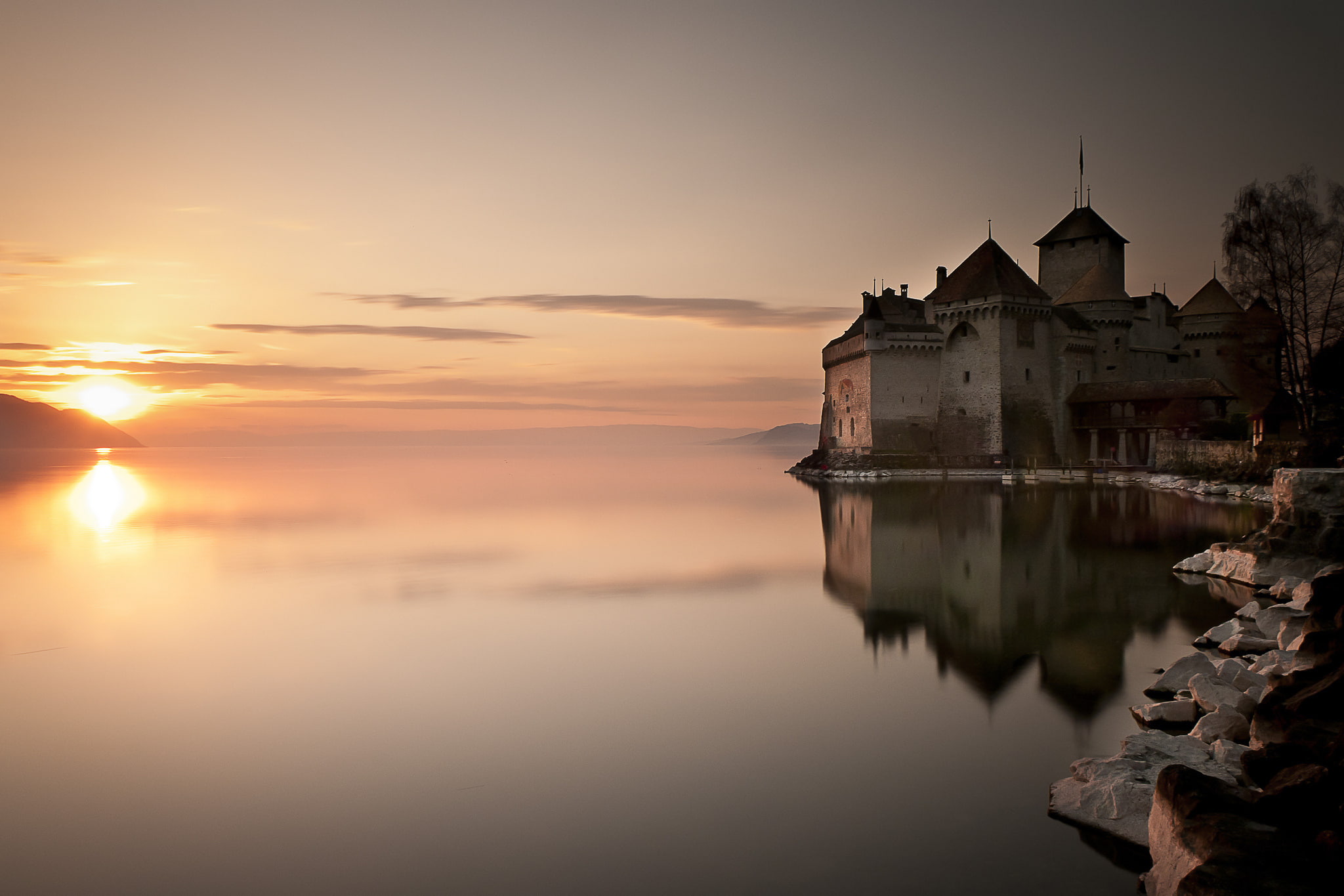 1080P, Sunset, Castles, Château De Chillon, Reflection, HD Wallpaper