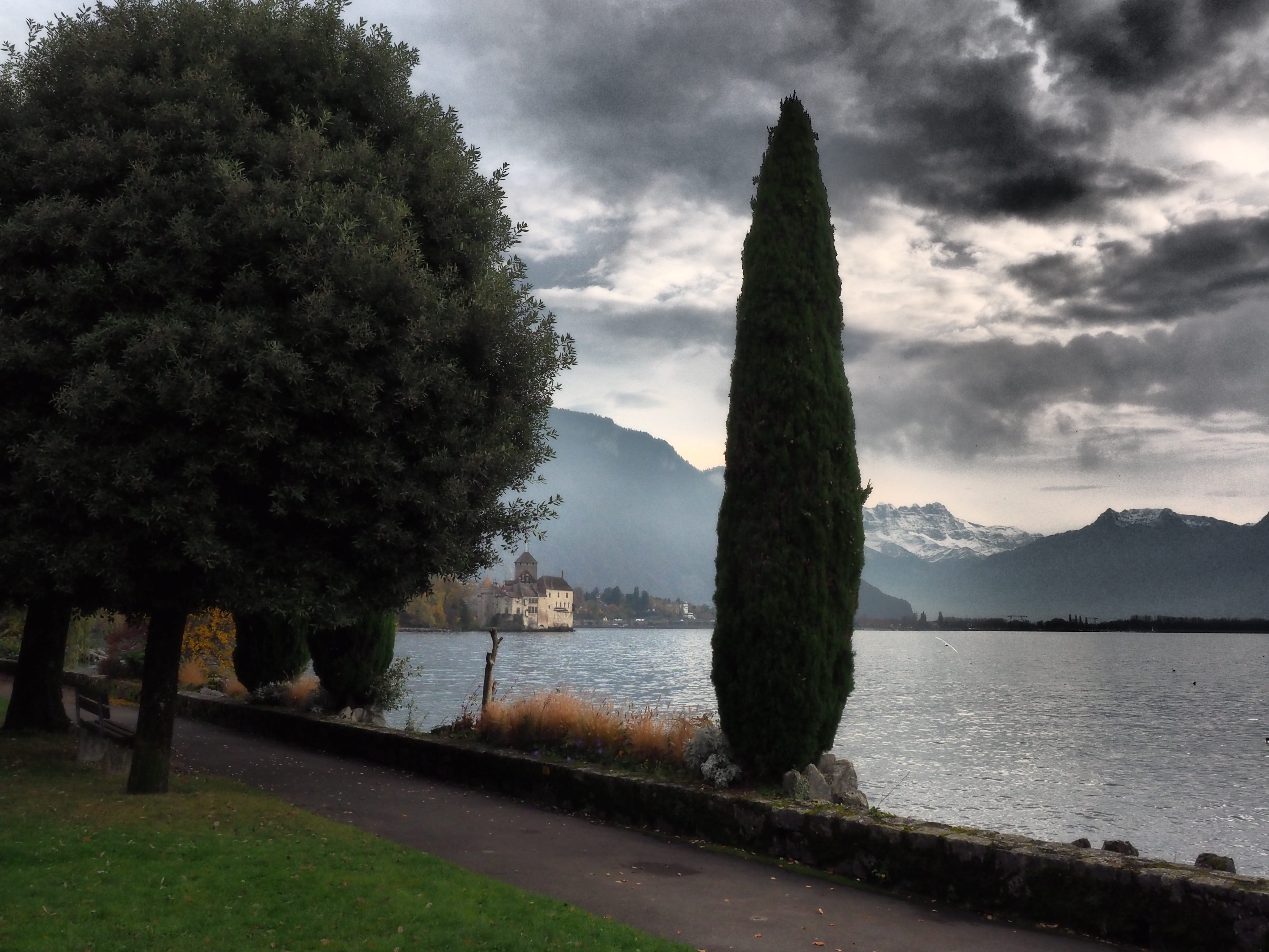 no people, growth, cypress, veytaux, tranquil scene, scenics, Montreux, Mood, castle, plant, chillon castle, tranquility, non-urban scene, cloud - Sky, HD Wallpaper
