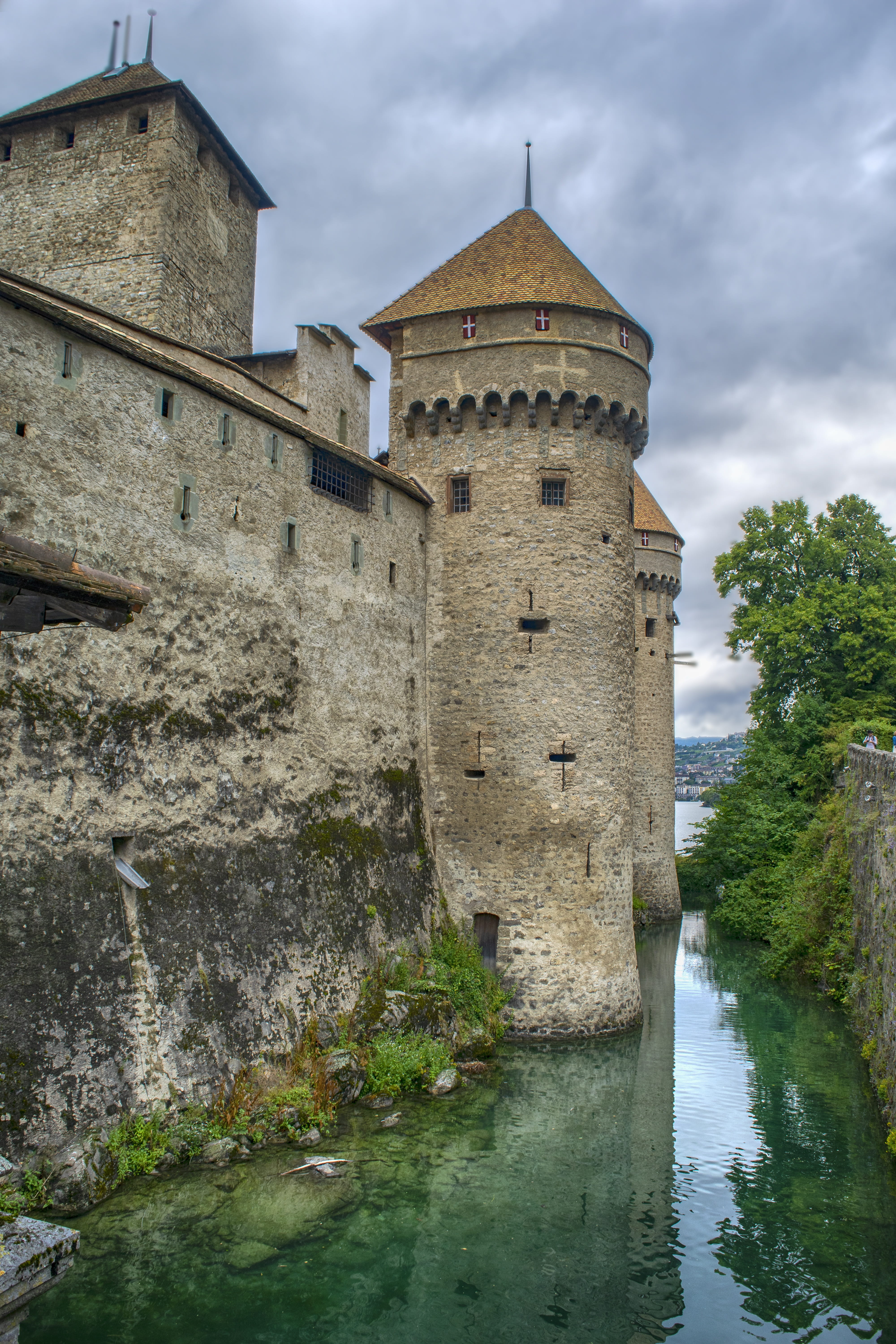outdoors, tree, 5K, old, no people, plant, tower, architecture, water, chillon, history, built structure, nature, building exterior, switzerland, day, Phone HD Wallpaper