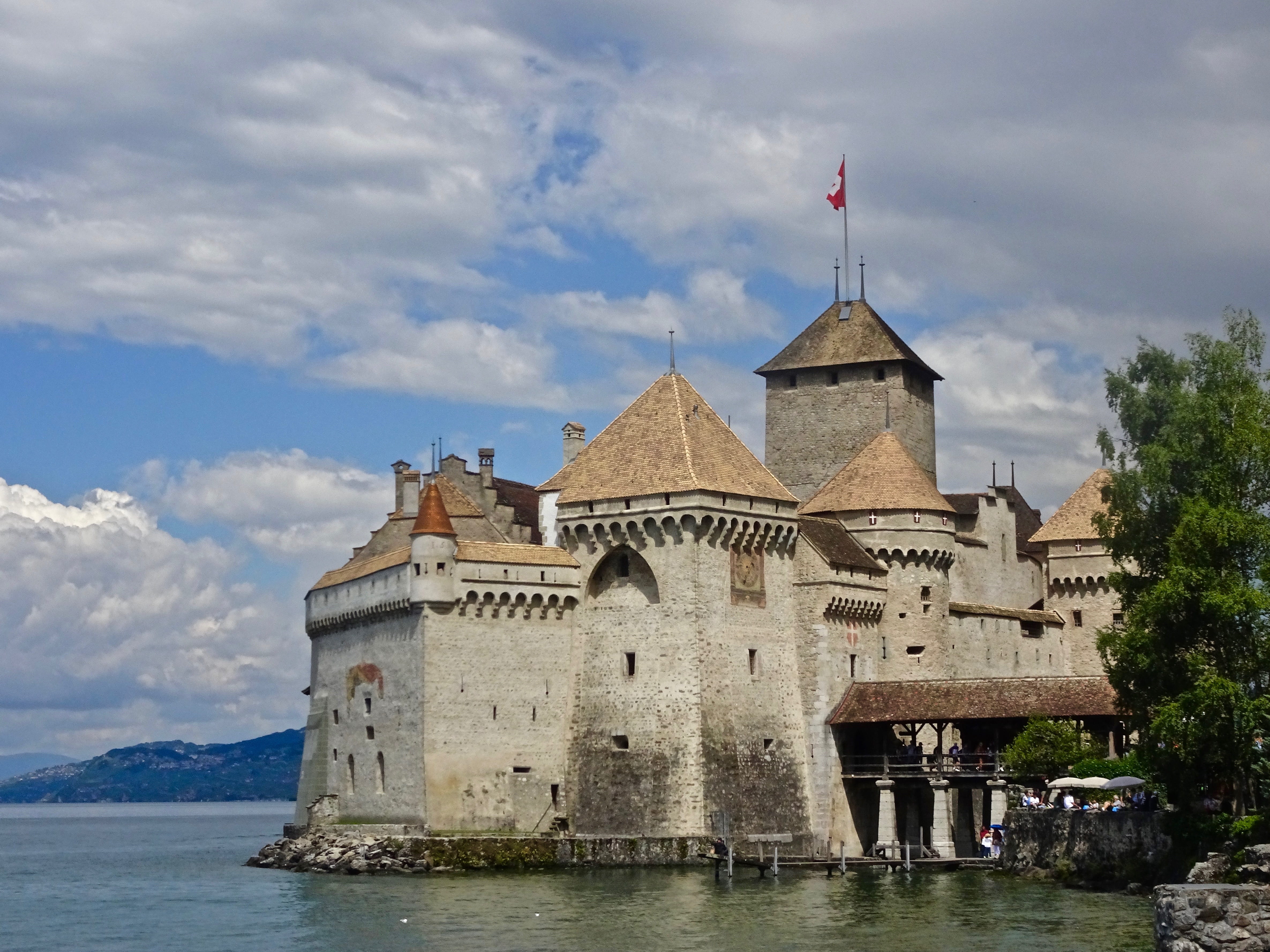 history, travel, tower, nature, cloud - sky, 4K, day, switzerland, river, sky, architecture, water, tourism, castle, the past, landmark, outdoors, built structure, HD Wallpaper