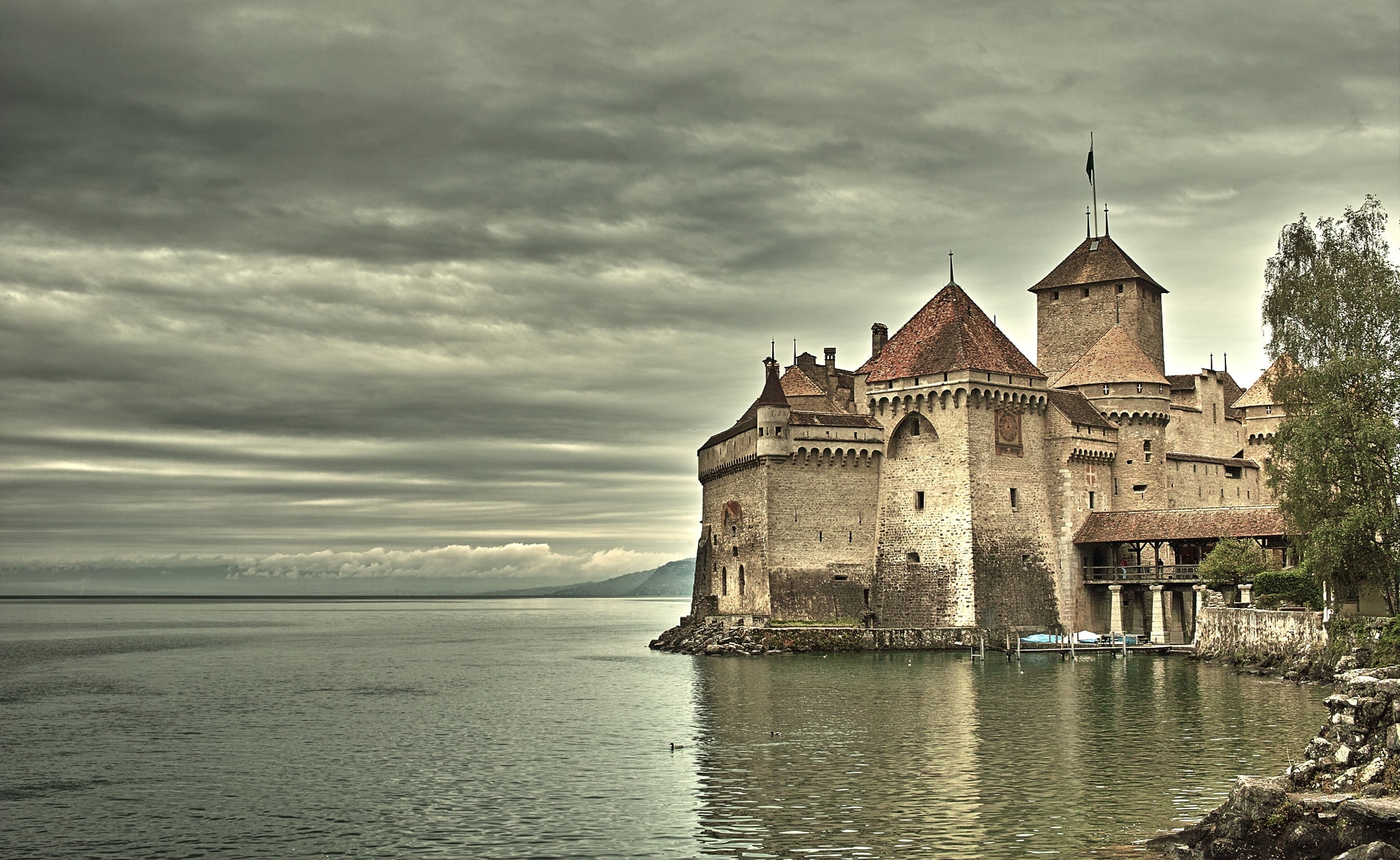 Castle, cathedral, nature, cloud - sky, waterfront, place of worship, old, sky, architecture, Chillon, Europe, built structure, brown, 2K, outdoors, concrete, HD Wallpaper