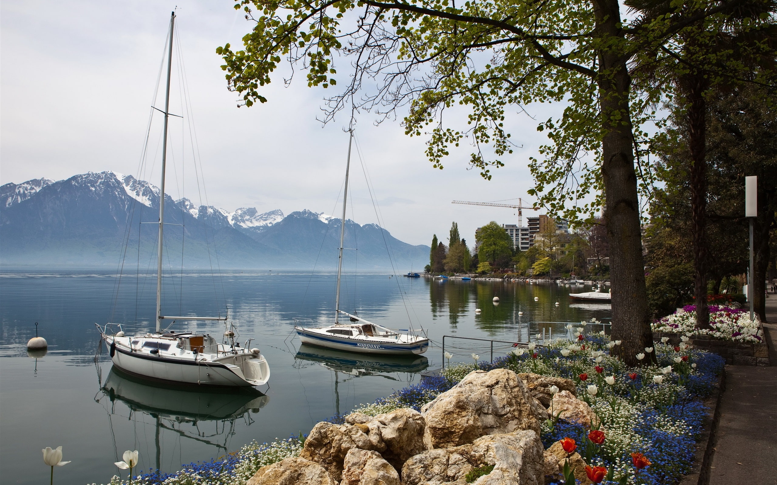 Switzerland, Coast, Houses, Boats, sailboat, Mountains, 2K, white, Sailing, Montreux, HD Wallpaper