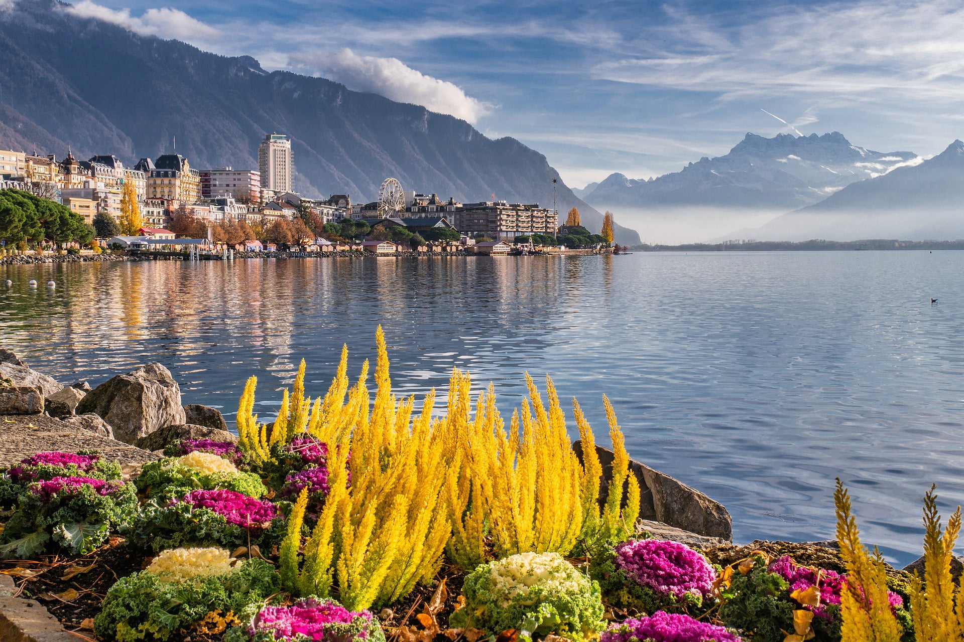 sea, 1080P, mountains, nature, Switzerland, flowers, Montreux, HD Wallpaper