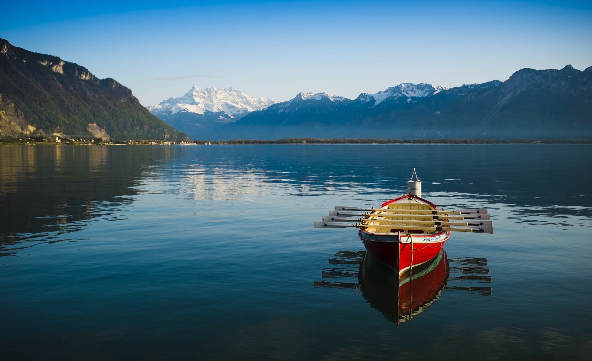  Mountains, boat, no people, tranquility, 1080P, nature, transportation, leman, scenics - nature, wooden, mountain, Reflection, waterfront, beauty in nature, HD Wallpaper