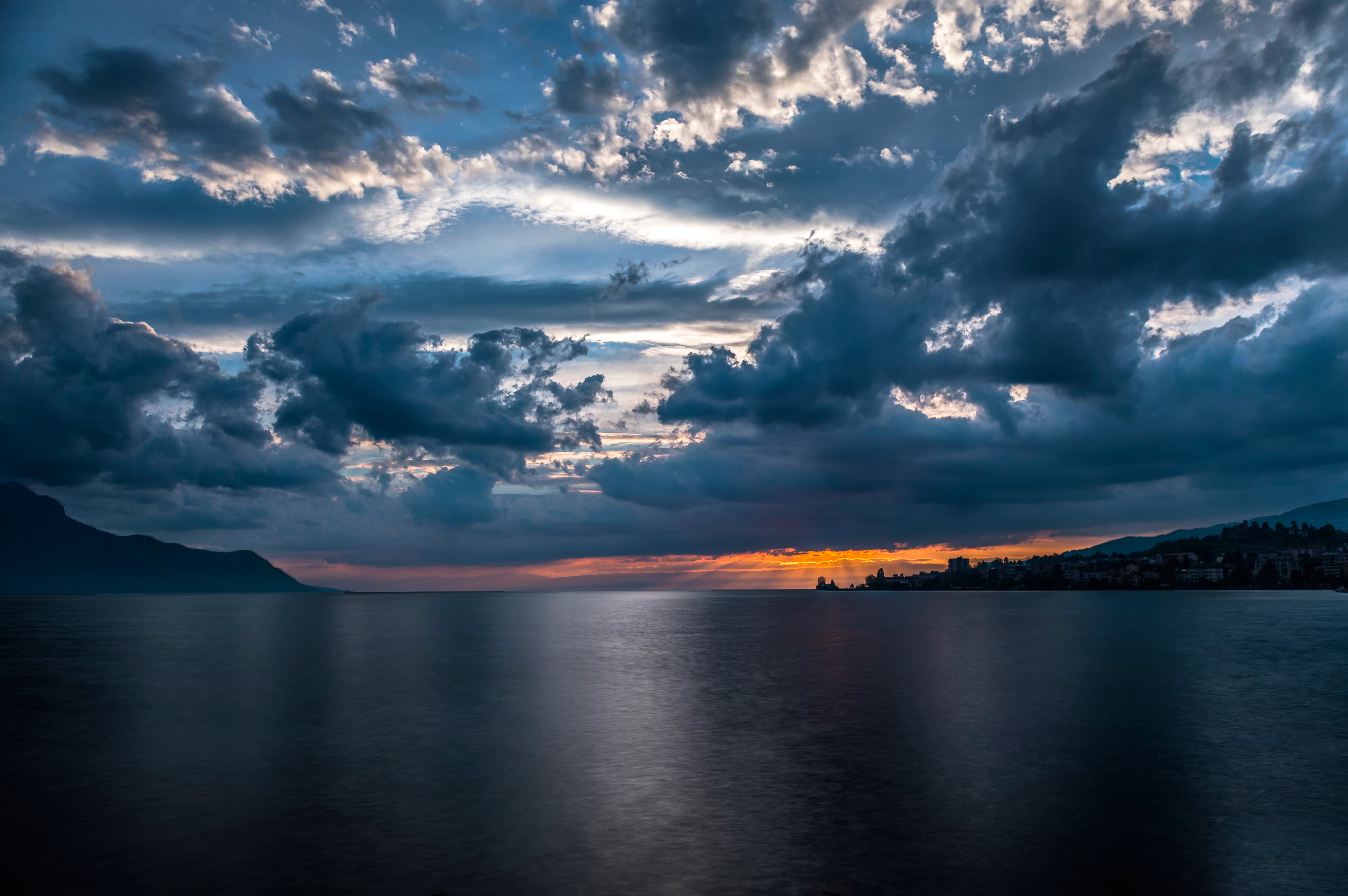 Montreux, tranquility, mountain, scenics - nature, cloud - sky, 4K, idyllic, beauty in nature, waterfront, nature, non-urban scene, the city, Switzerland, HD Wallpaper