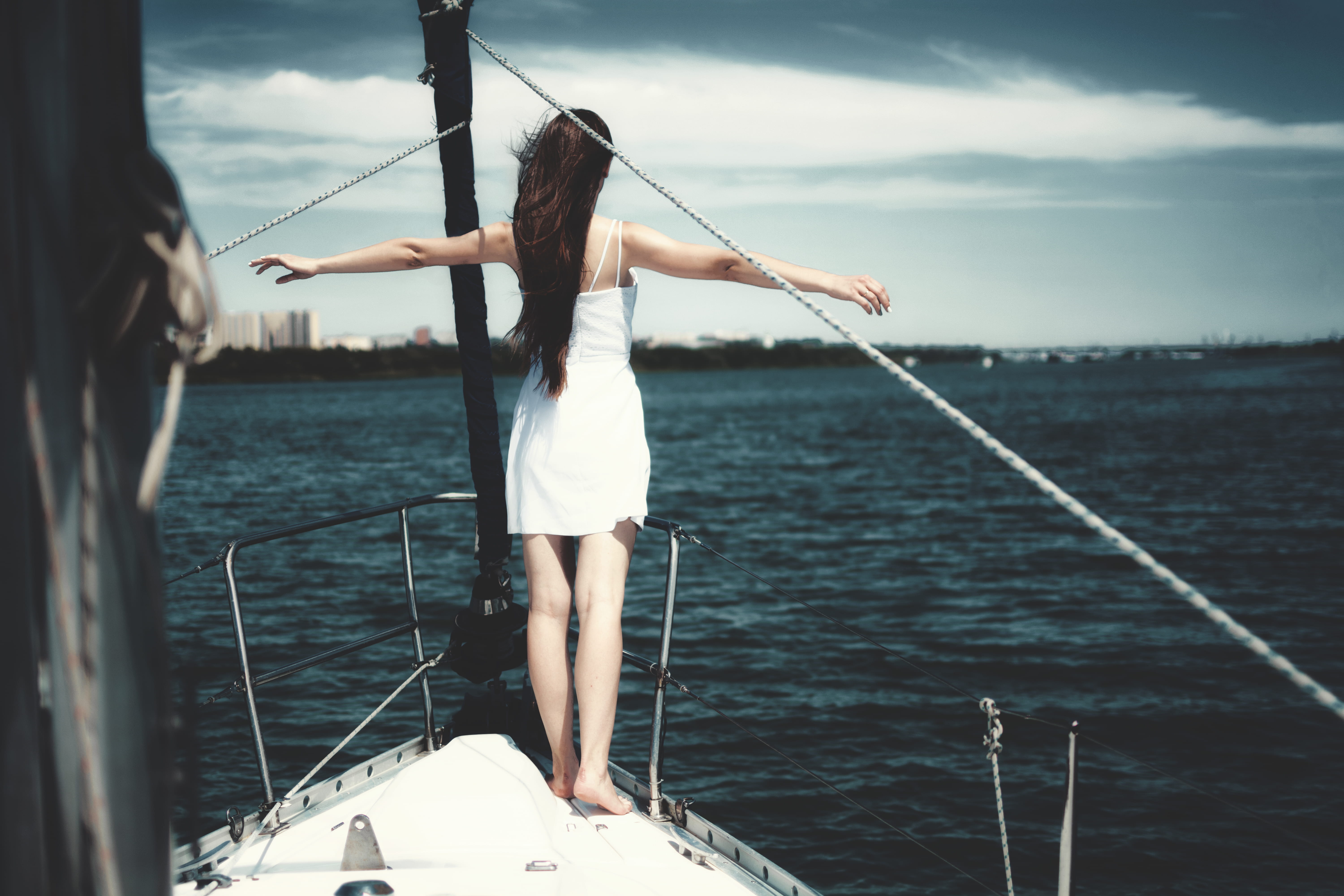 arms raised, nautical vessel, sailboat, sailing, ship, woman on boat, boat, vacation, limb, outdoor, human arm, woman, edge, water, leisure, full length, HD Wallpaper