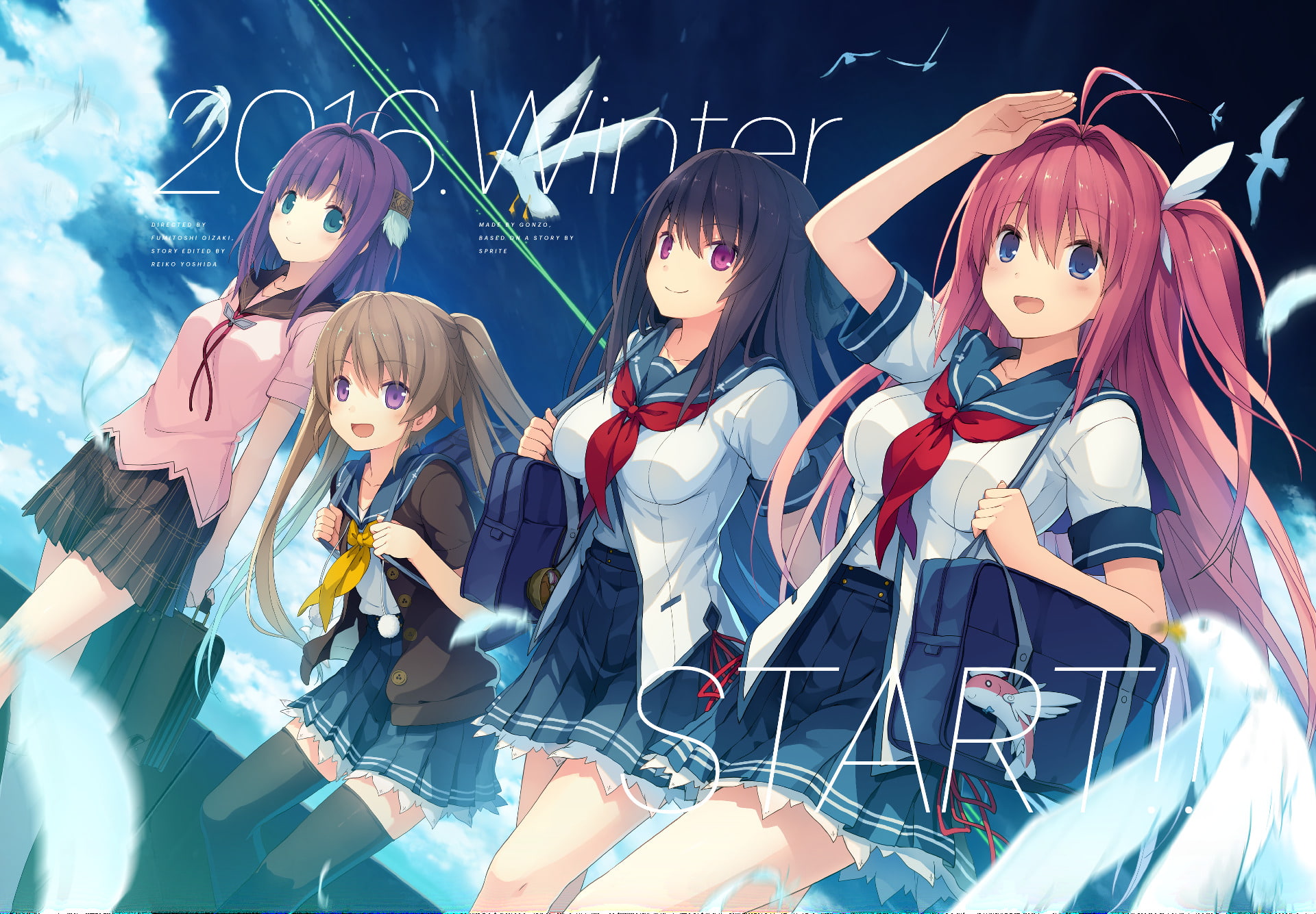 females, women, child, offspring, Ao no Kanata no Four Rhythm, 1080P, student, Asuka Kurashina, standing, Anime, friendship, Mashiro Arisaka, girls, celebration, HD Wallpaper