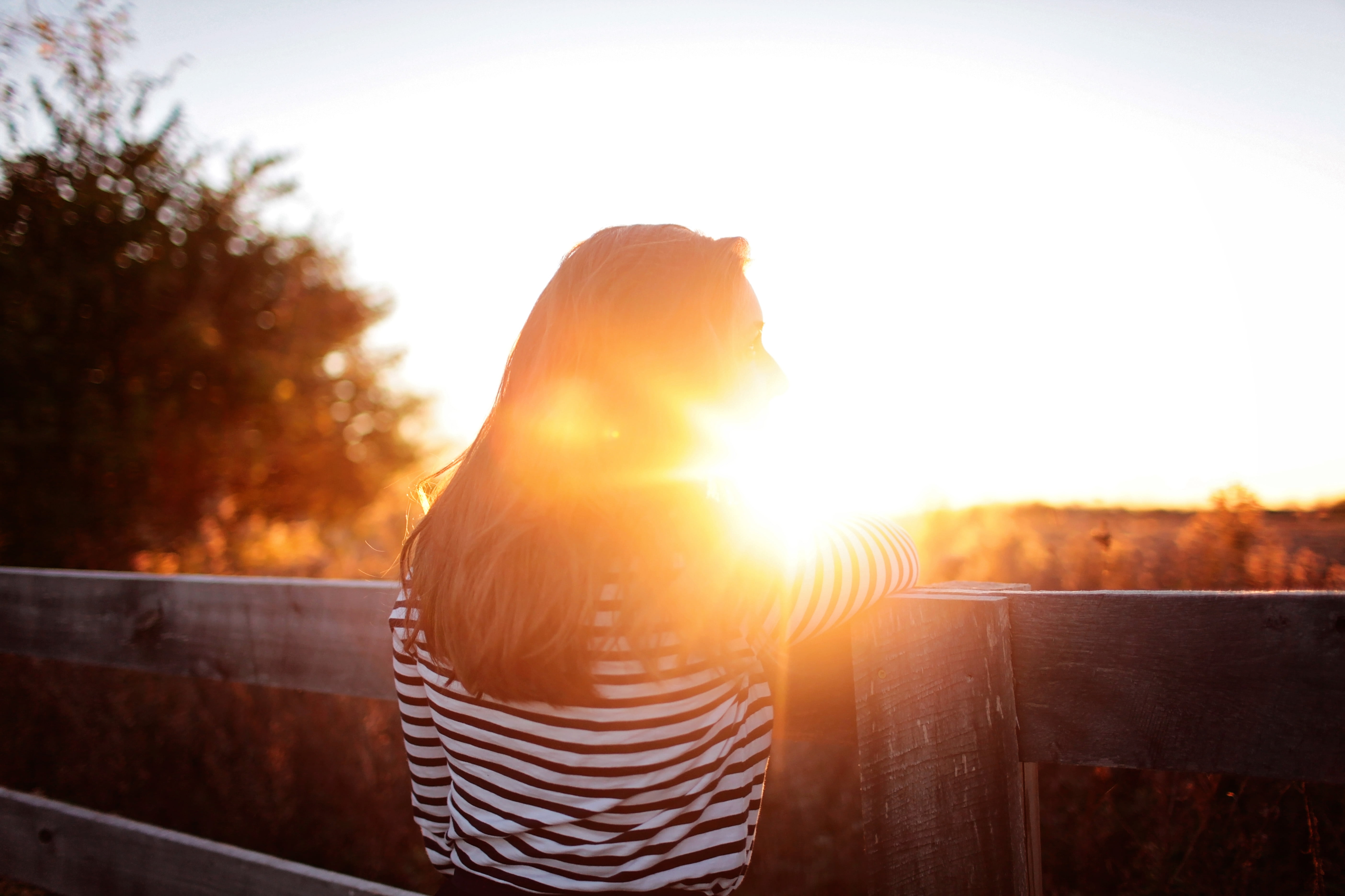 back lit, positive emotion, relaxation, one person, alone, field, golden hour, striped, wooden fence, evening, person, lady, sunlight, tree, daylight, sad, HD Wallpaper