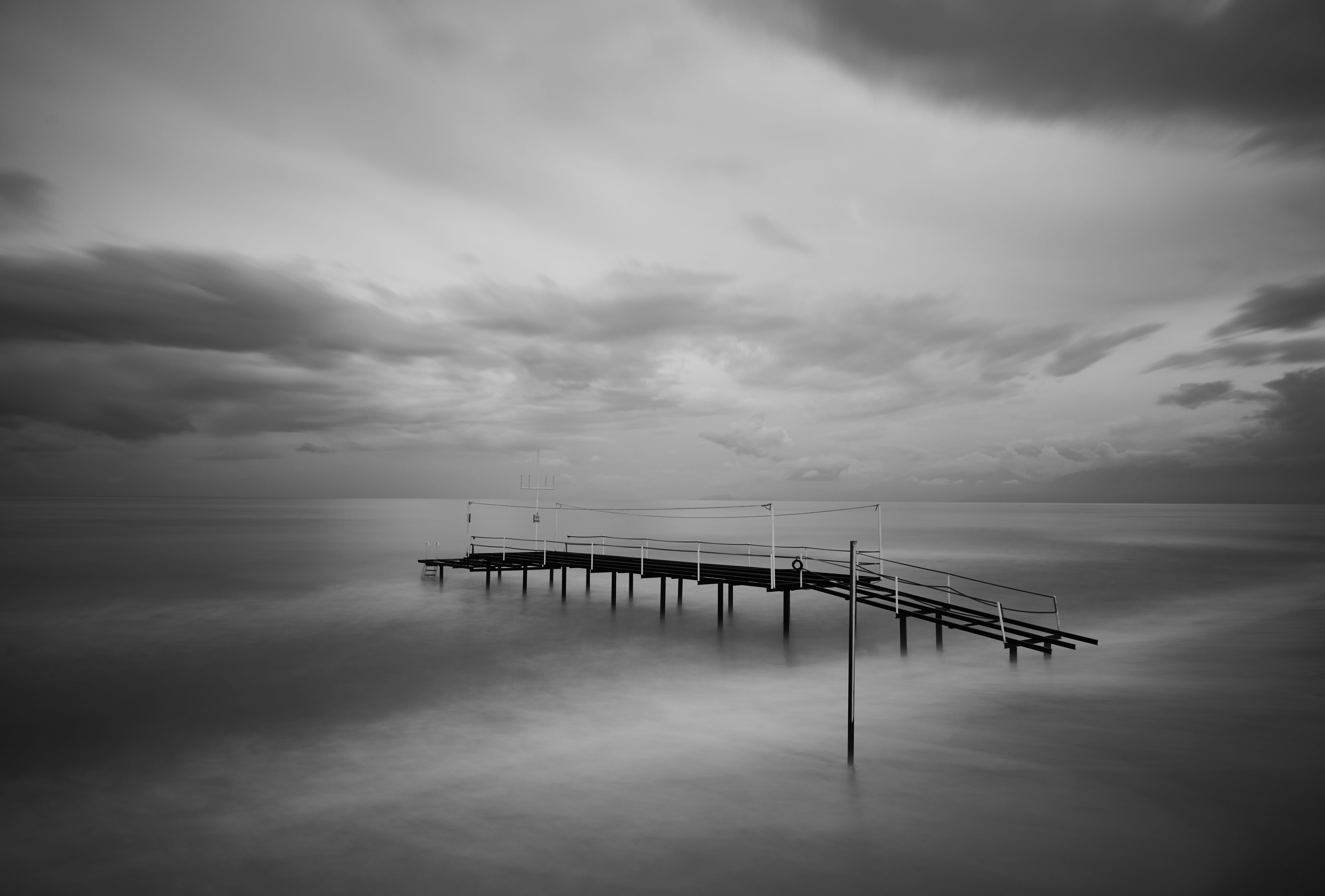 travel, tranquil scene, beautiful, nature, water, coastal, built structure, pier, horizon over water, sky, black and white, dramatic, the forgotten, scenics - nature, HD Wallpaper