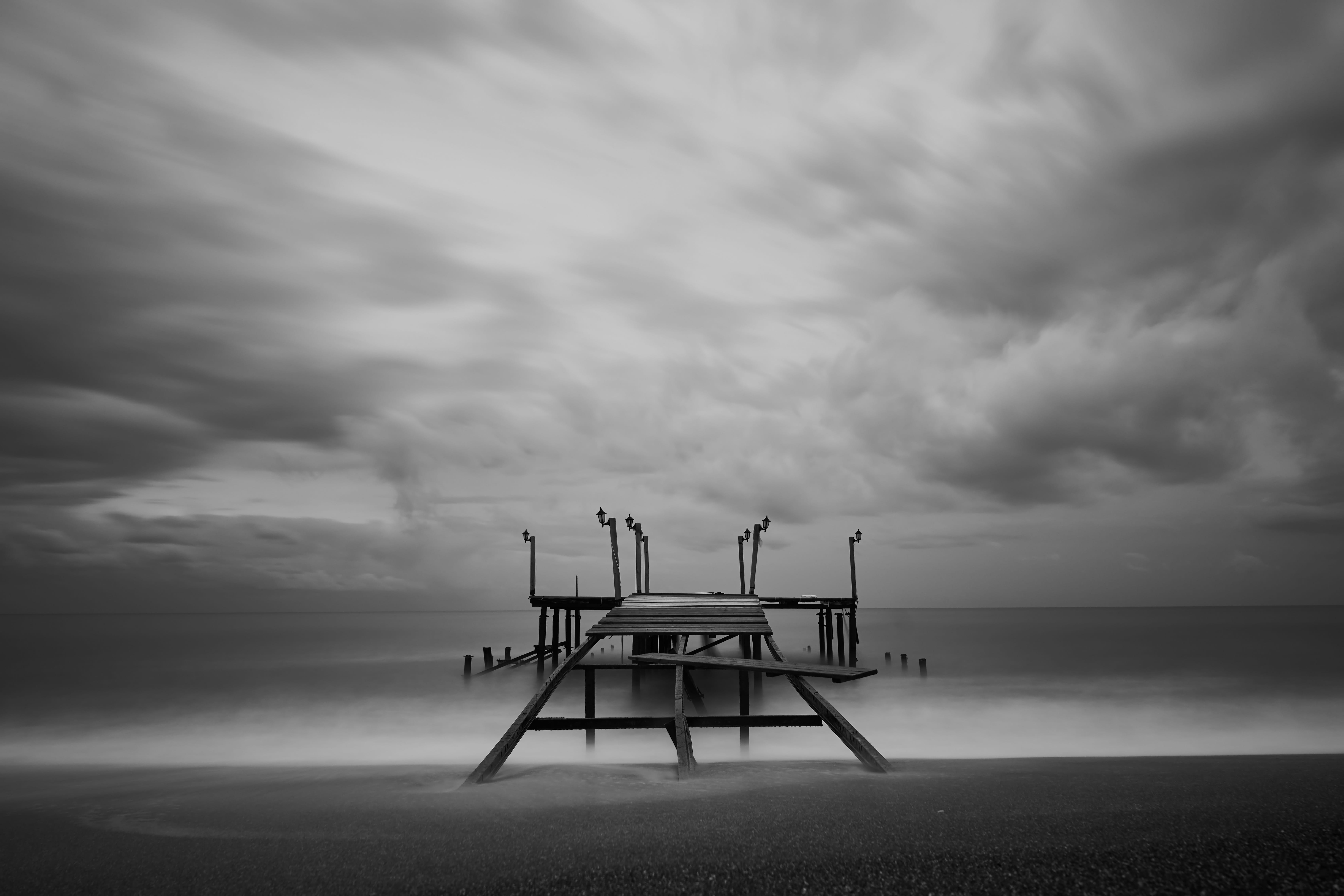 sky, land, loneliness, no people, landscape, nature, black and white, travel, the forgotten, tranquil scene, overcast, sea, iskele, art, scenics - nature, HD Wallpaper