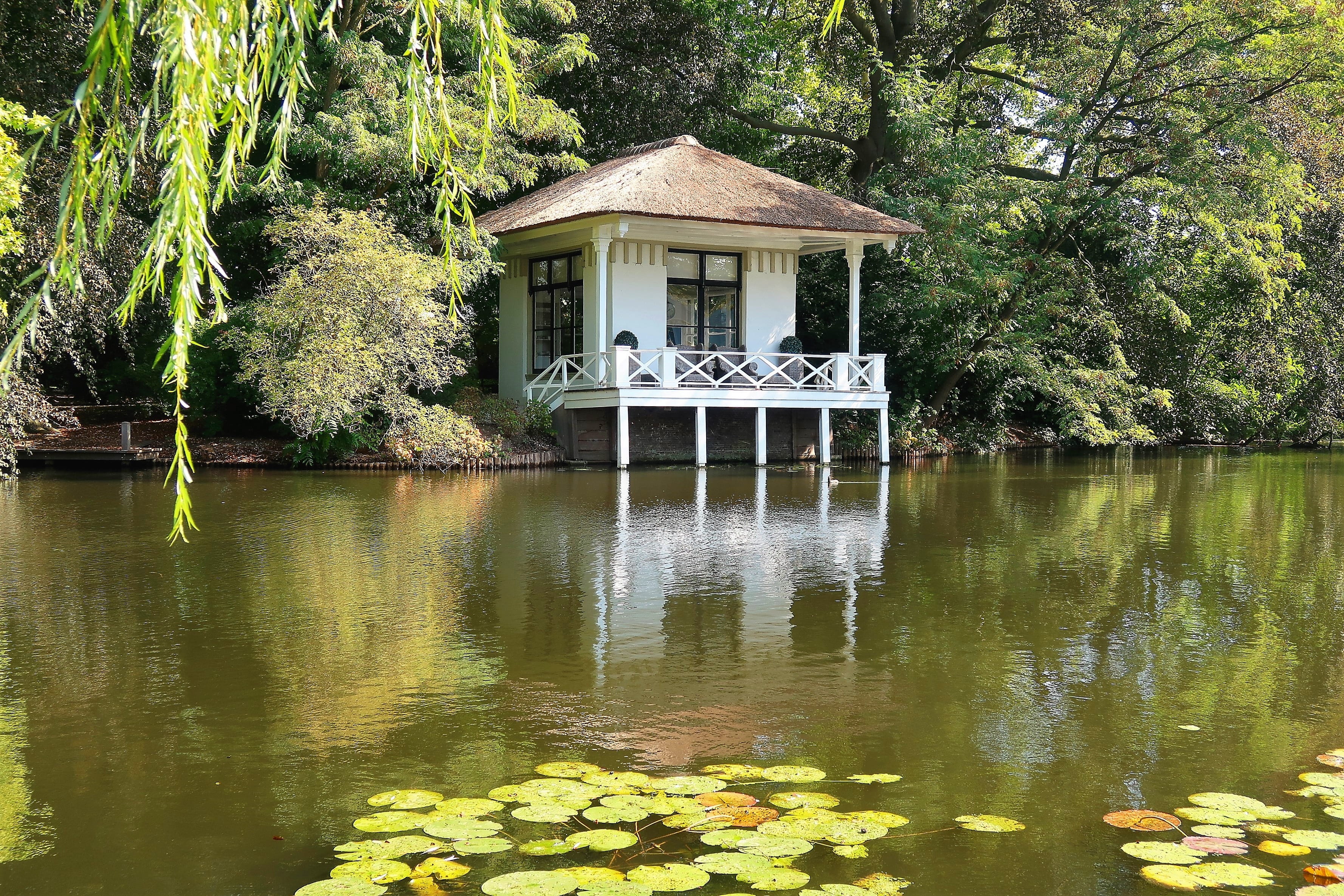 rest, no people, zen, outdoors, holiday, 2K, relax, day, silence, water, tree, lake, teahouse, gazebo, building exterior, mindfulness, architecture, serenity, HD Wallpaper