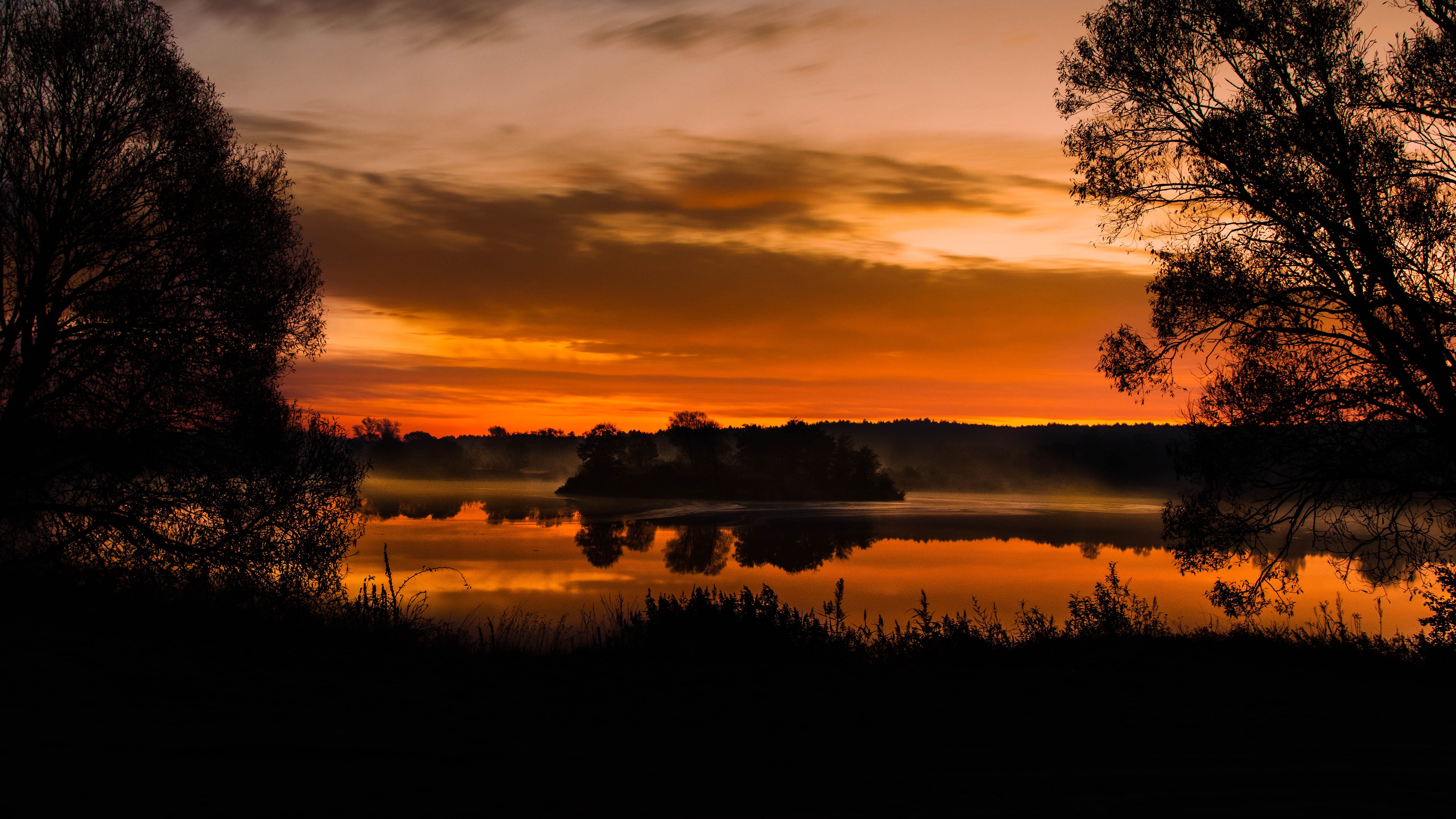 quiet, sky, twilight, non-urban scene, orange color, sunrise, nature, peace of mind, in the morning, reflection, landscape, romantic sky, beautiful, water, HD Wallpaper