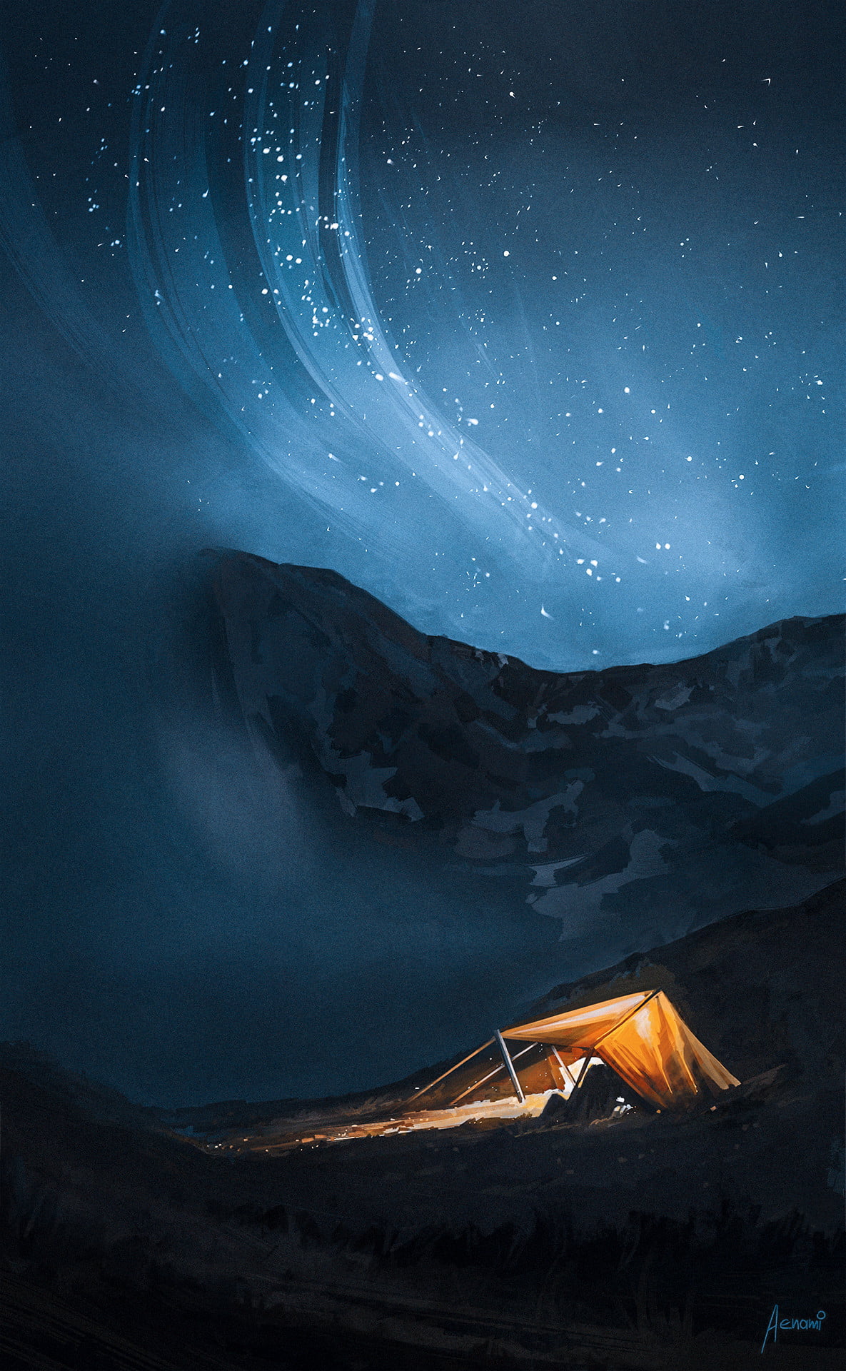 stars, night sky, Aenami, nature, camp, tent, night, 1080P, cyan, artwork, Phone HD Wallpaper